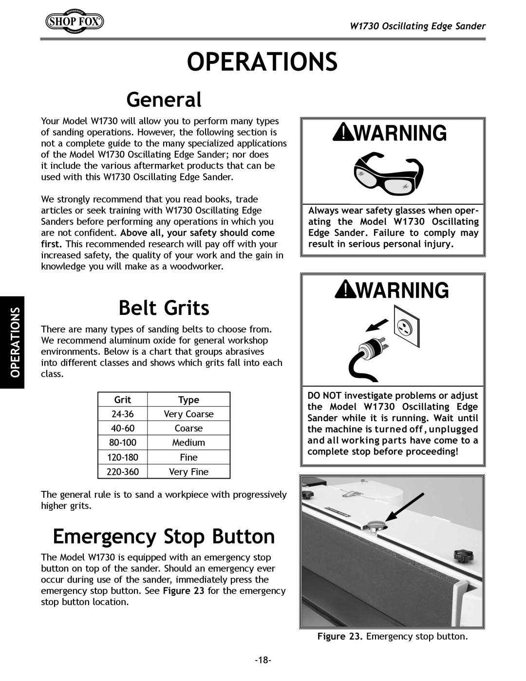 Woodstock W1730 manual Operations, General, Belt Grits, Emergency Stop Button, Grit Type 