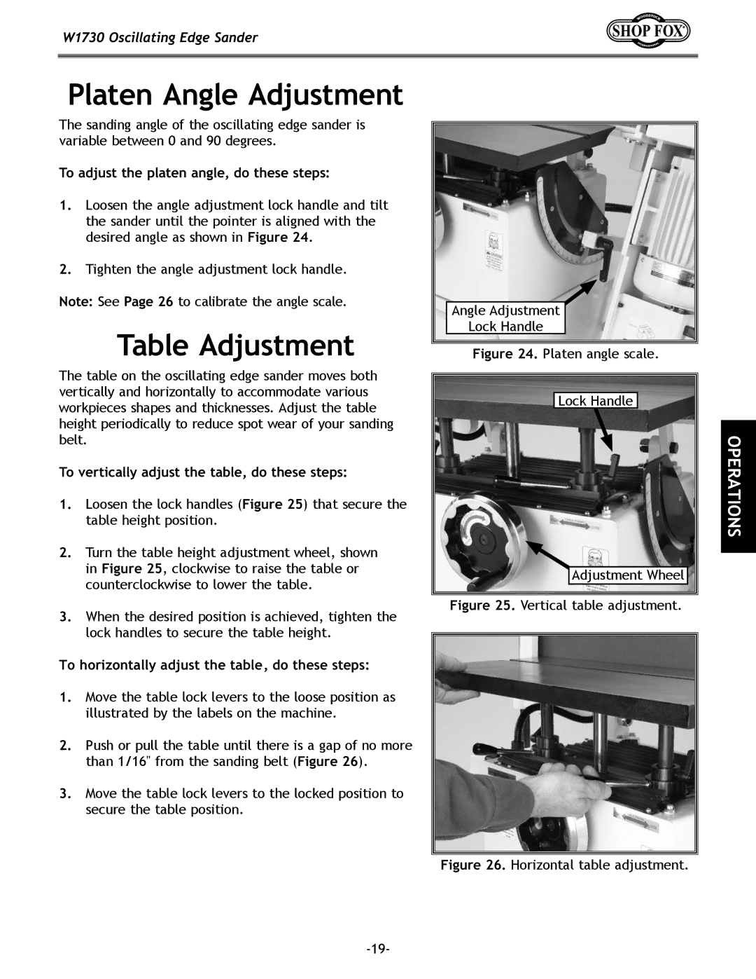 Woodstock W1730 manual Platen Angle Adjustment, Table Adjustment, To adjust the platen angle, do these steps 