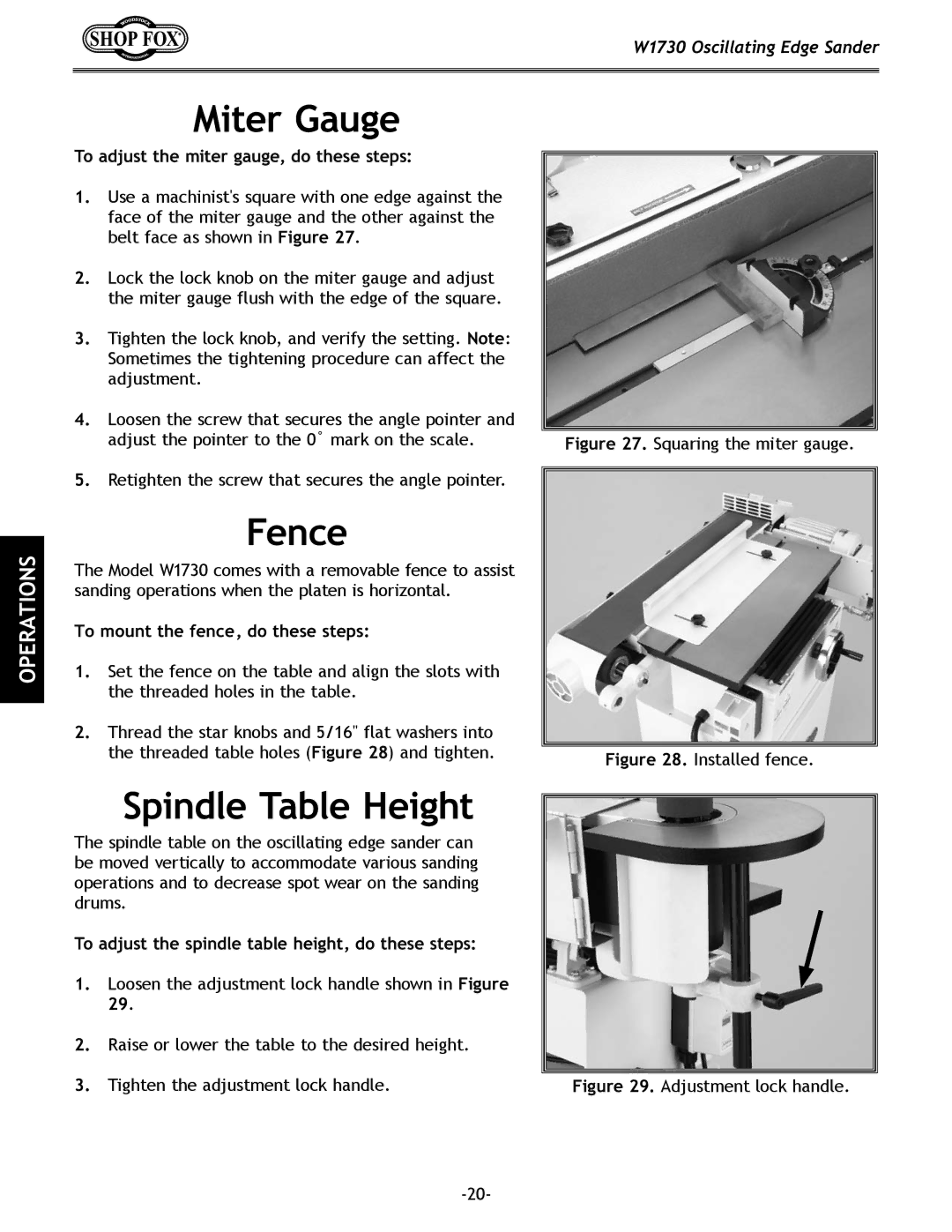 Woodstock W1730 manual Miter Gauge, Fence, Spindle Table Height, To adjust the miter gauge, do these steps 