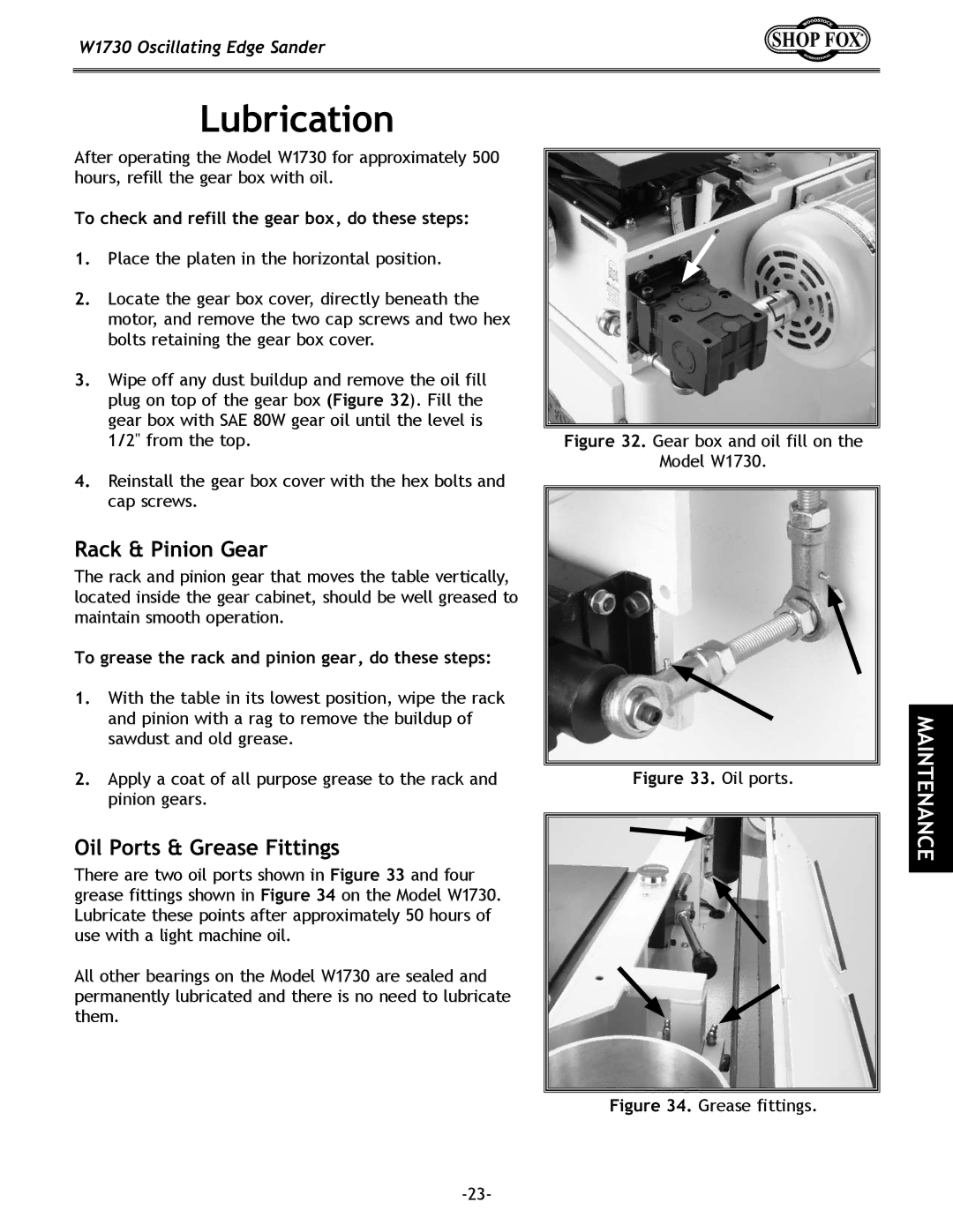 Woodstock W1730 manual Lubrication, To grease the rack and pinion gear, do these steps 