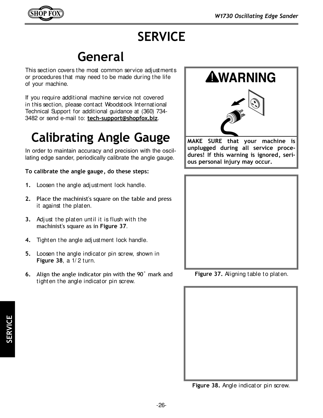 Woodstock W1730 manual Calibrating Angle Gauge, To calibrate the angle gauge, do these steps 