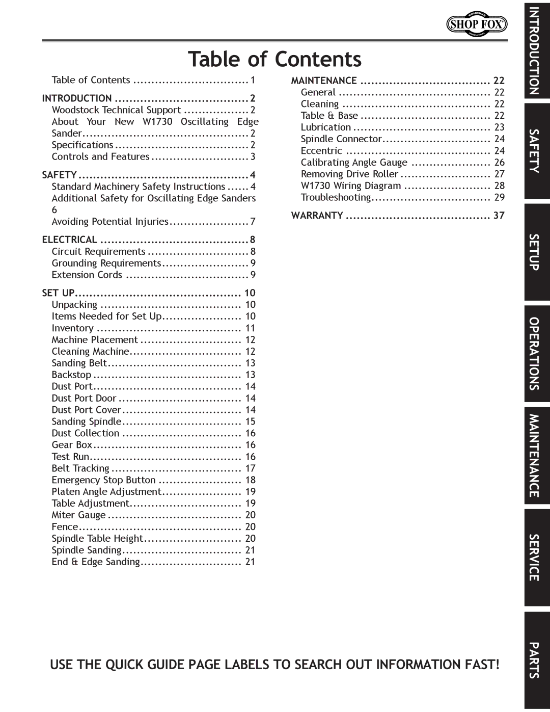 Woodstock W1730 manual Table of Contents 