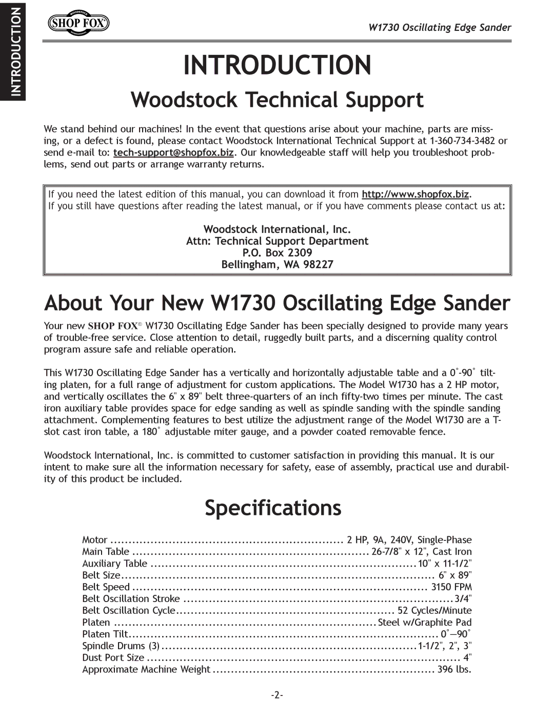 Woodstock manual Introduction, Woodstock Technical Support, About Your New W1730 Oscillating Edge Sander 