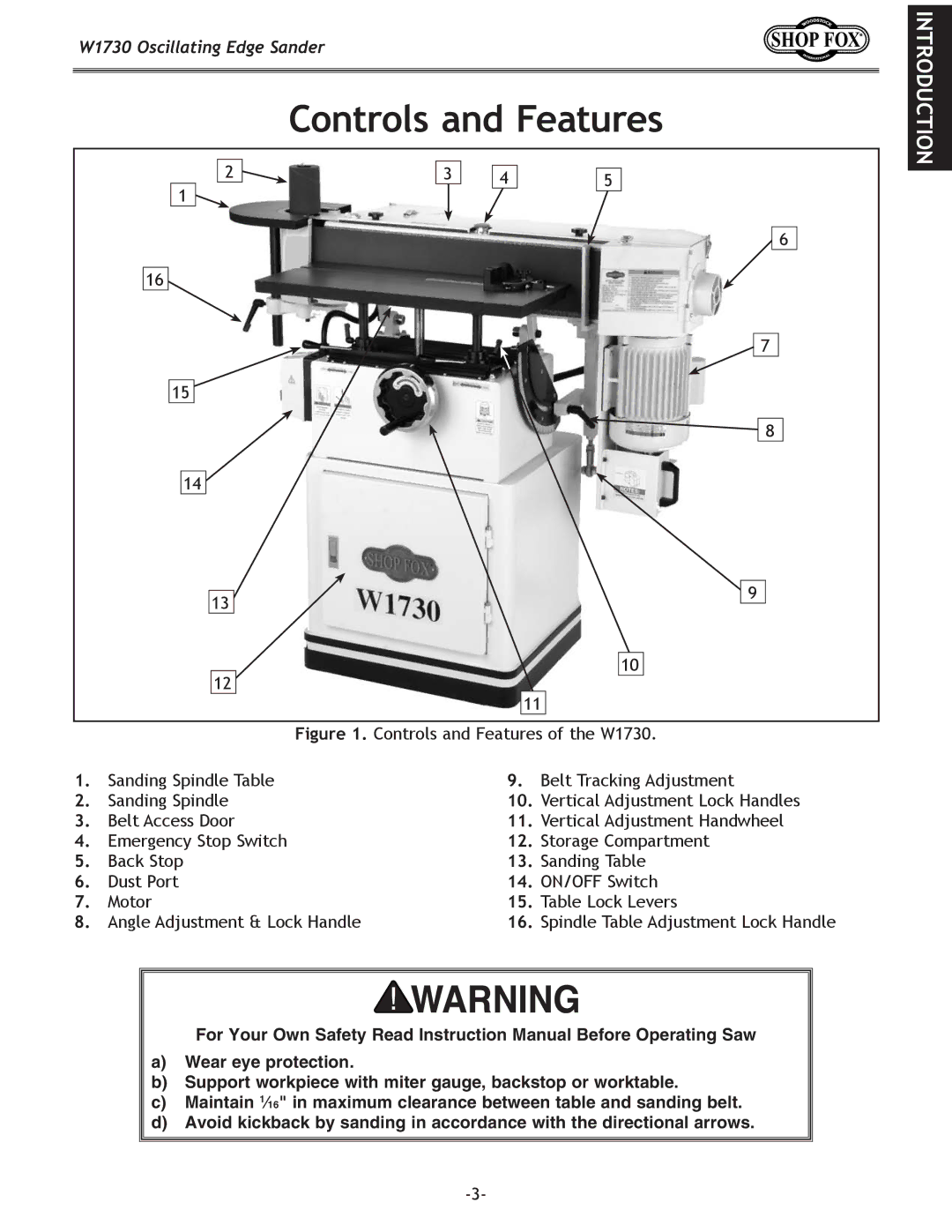 Woodstock W1730 manual Controls and Features, Introduction 