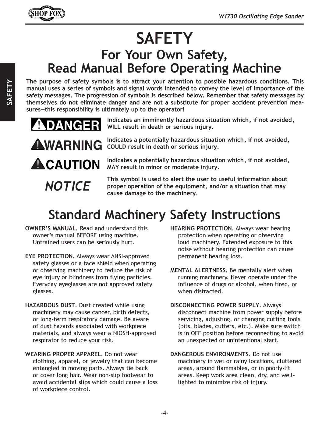 Woodstock W1730 manual Standard Machinery Safety Instructions 