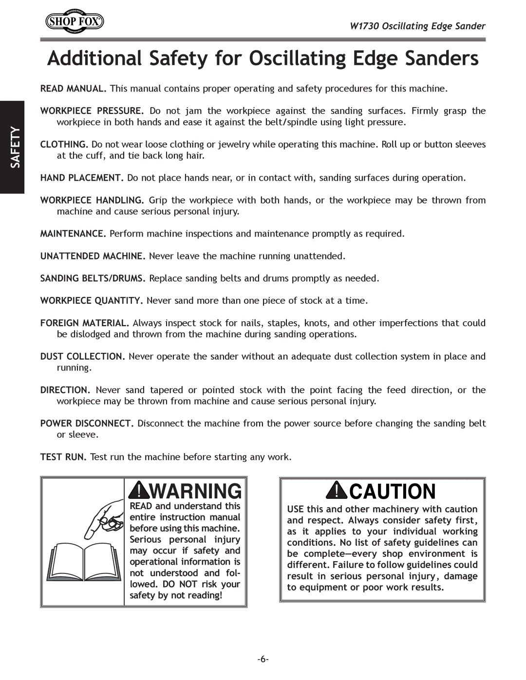 Woodstock W1730 manual Additional Safety for Oscillating Edge Sanders 