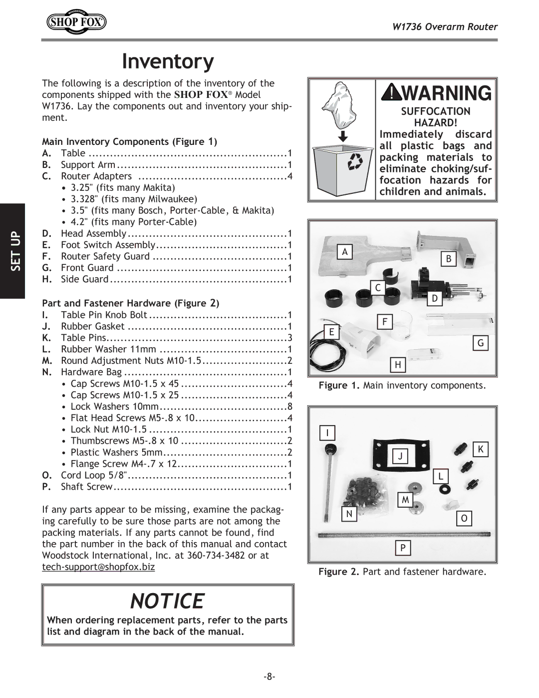 Woodstock W1736 instruction manual Main Inventory Components Figure, Part and Fastener Hardware Figure 