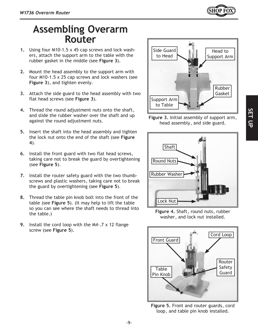 Woodstock W1736 instruction manual Assembling Overarm Router, Set 