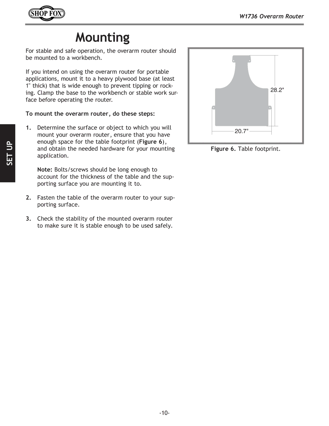 Woodstock W1736 instruction manual Table footprint 