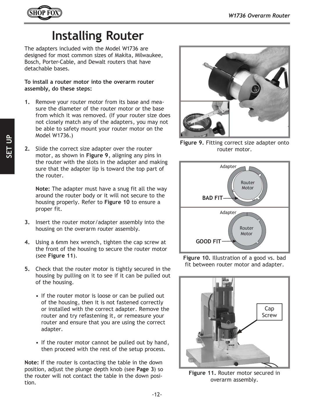 Woodstock W1736 instruction manual Installing Router, Fitting correct size adapter onto Router motor 