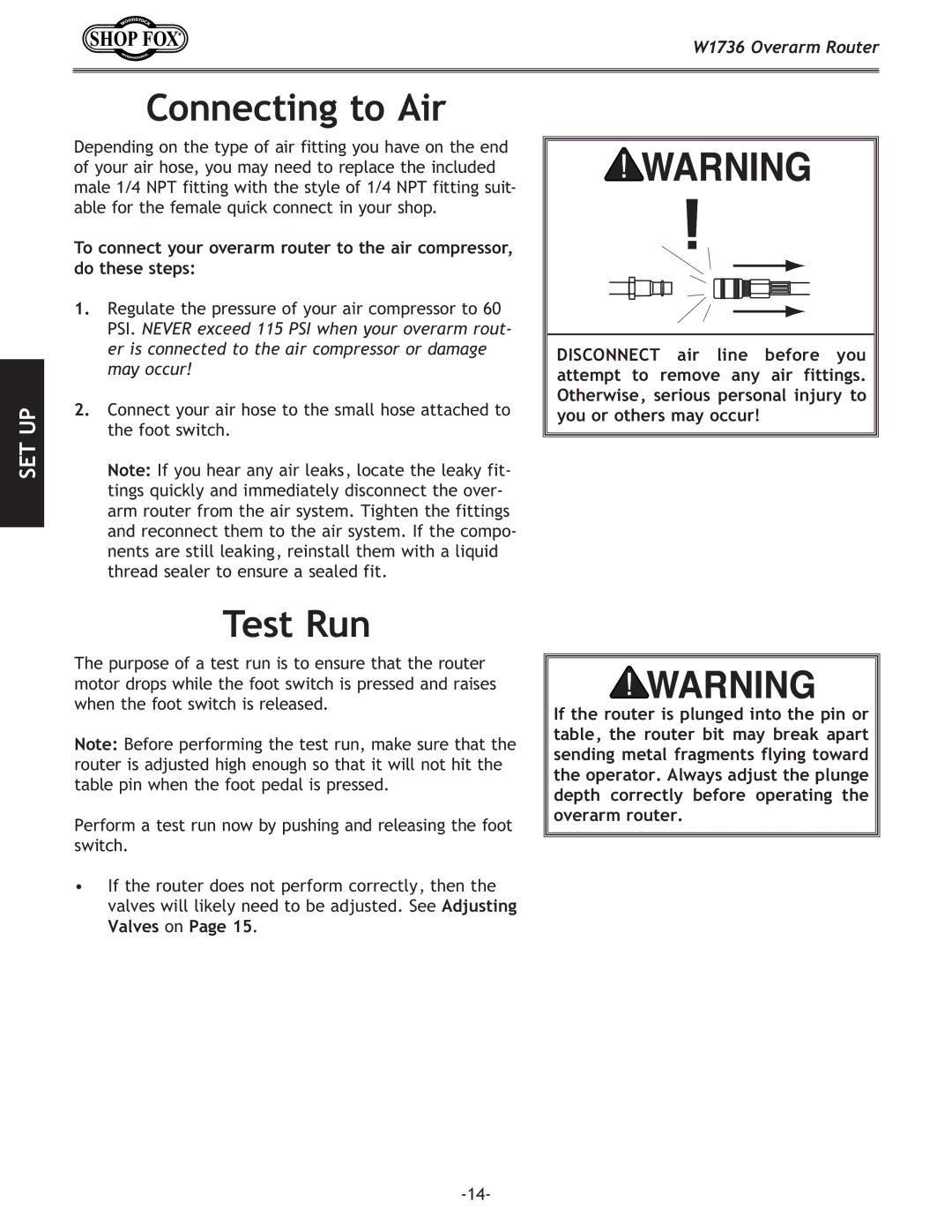 Woodstock W1736 instruction manual Connecting to Air, Test Run 