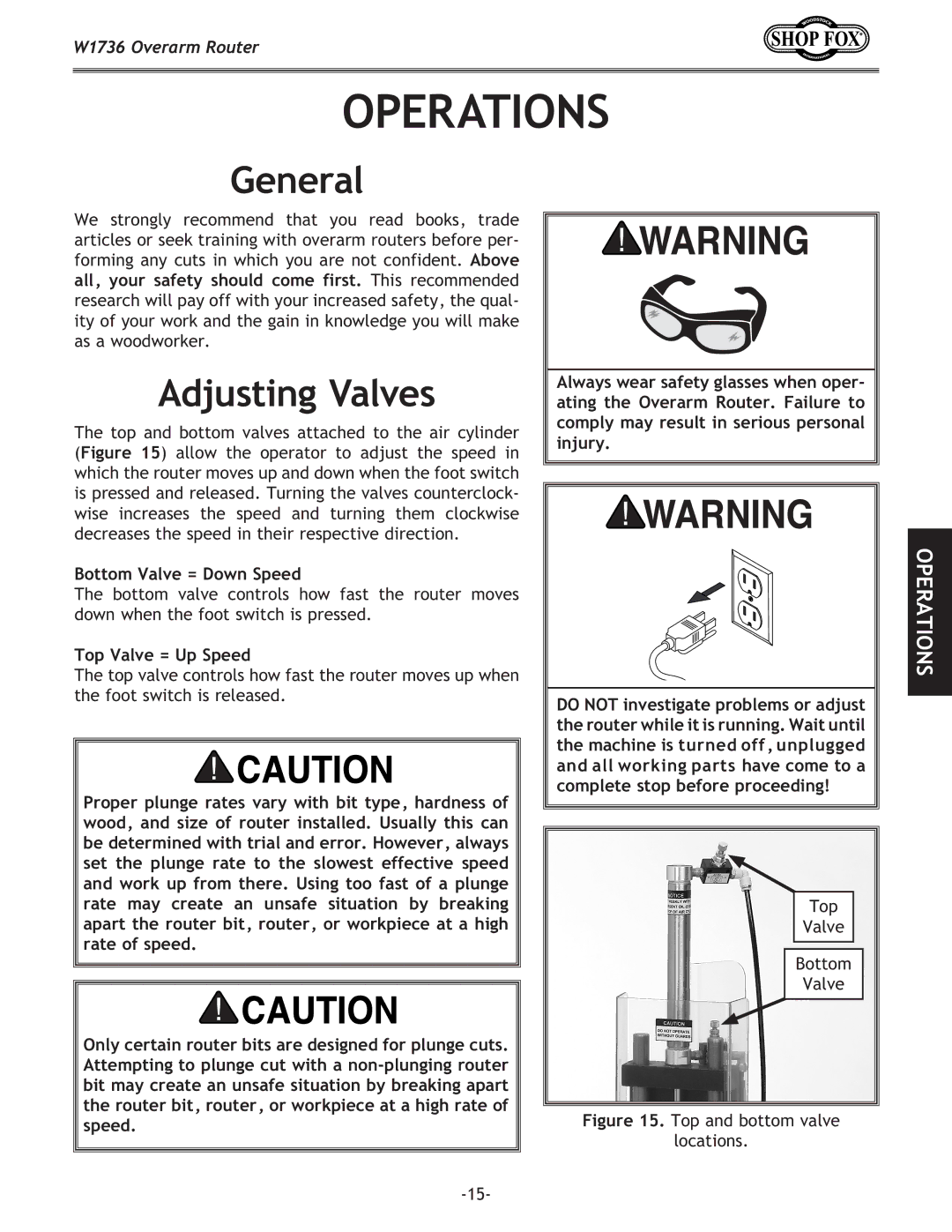 Woodstock W1736 instruction manual Operations, General, Adjusting Valves, Bottom Valve = Down Speed, Top Valve = Up Speed 