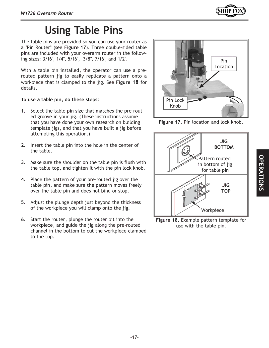 Woodstock W1736 instruction manual Using Table Pins, To use a table pin, do these steps 