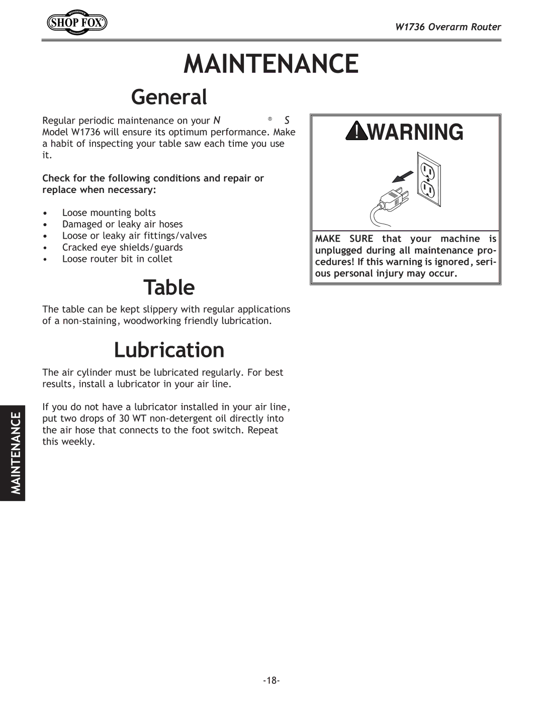 Woodstock W1736 instruction manual Maintenance, Lubrication 