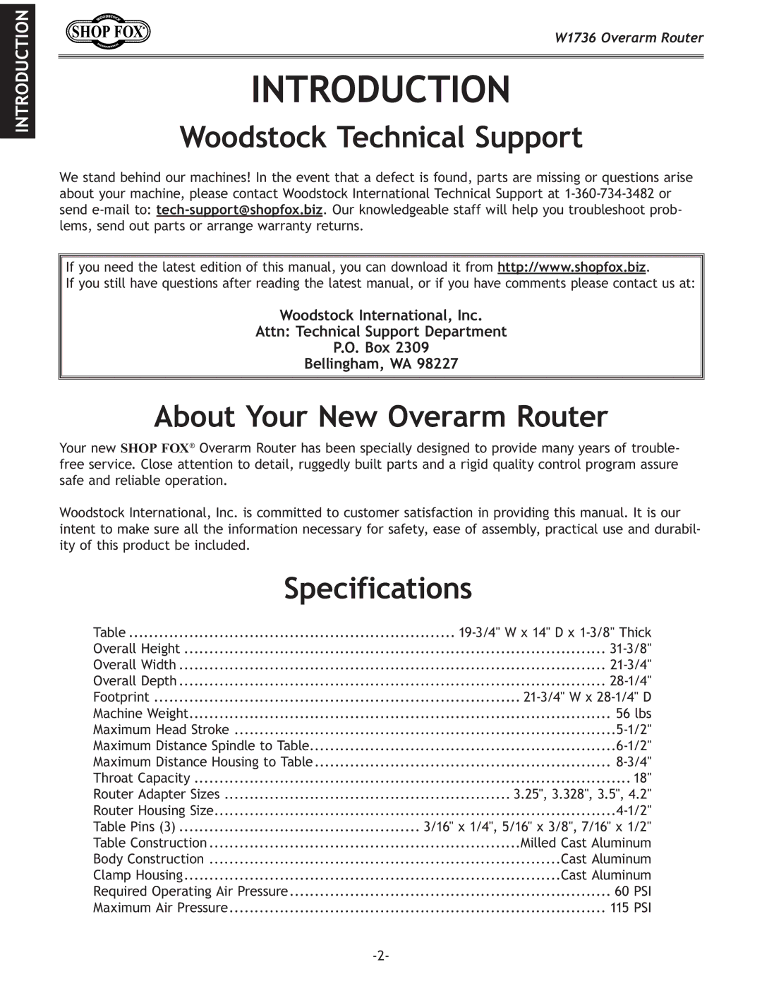 Woodstock W1736 instruction manual Introduction, Woodstock Technical Support, About Your New Overarm Router, Specifications 