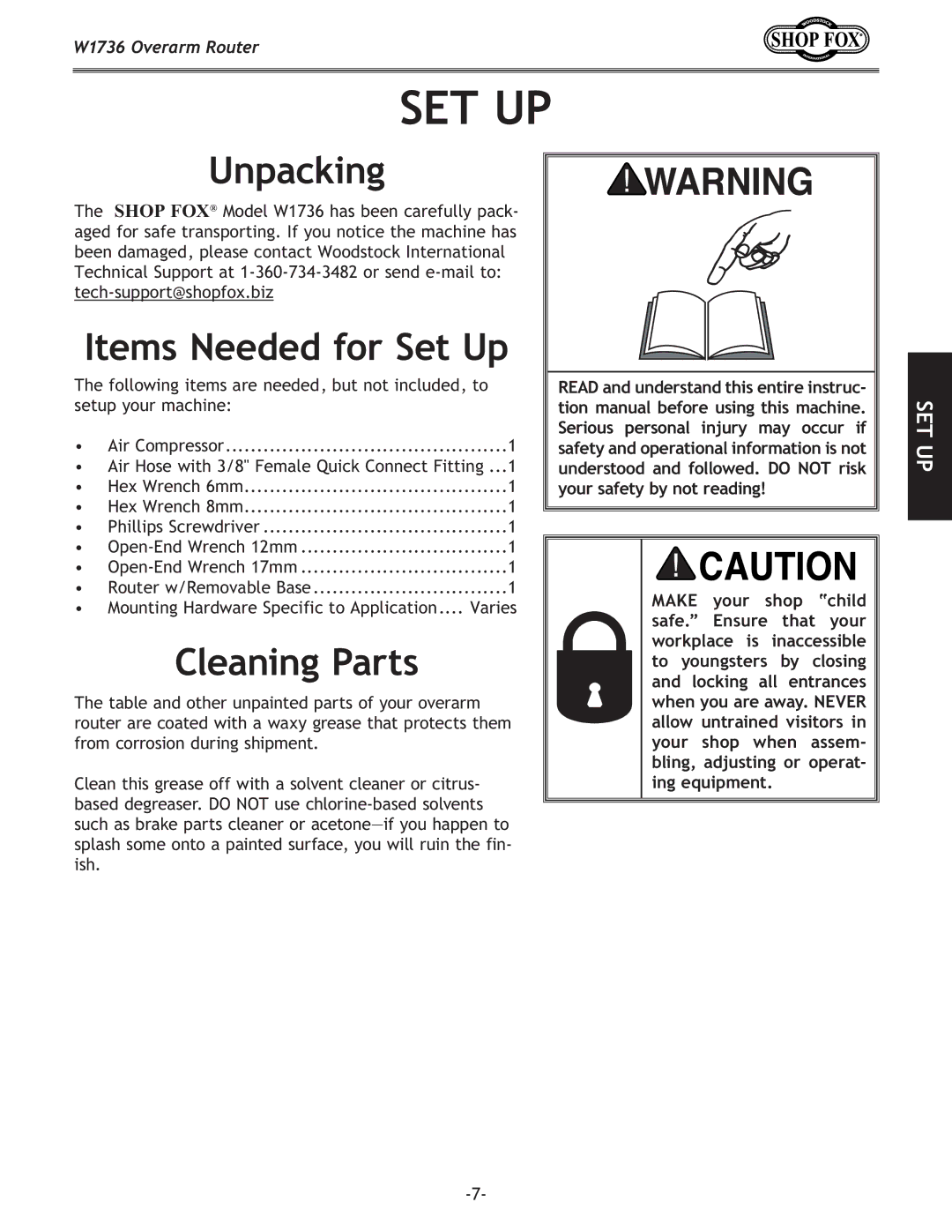 Woodstock W1736 instruction manual Unpacking, Items Needed for Set Up, Cleaning Parts 