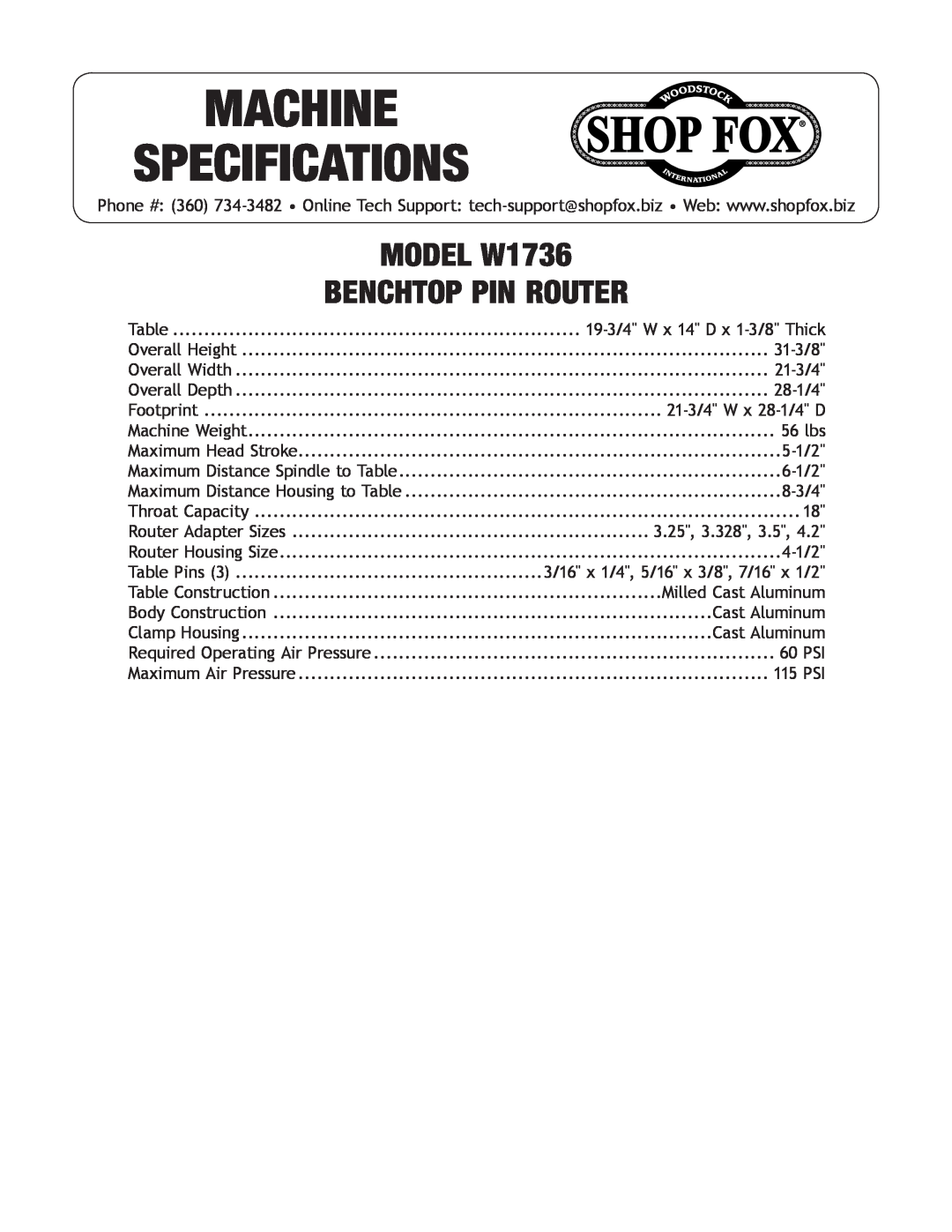 Woodstock specifications Machine Specifications, benchtop pin router, model W1736 