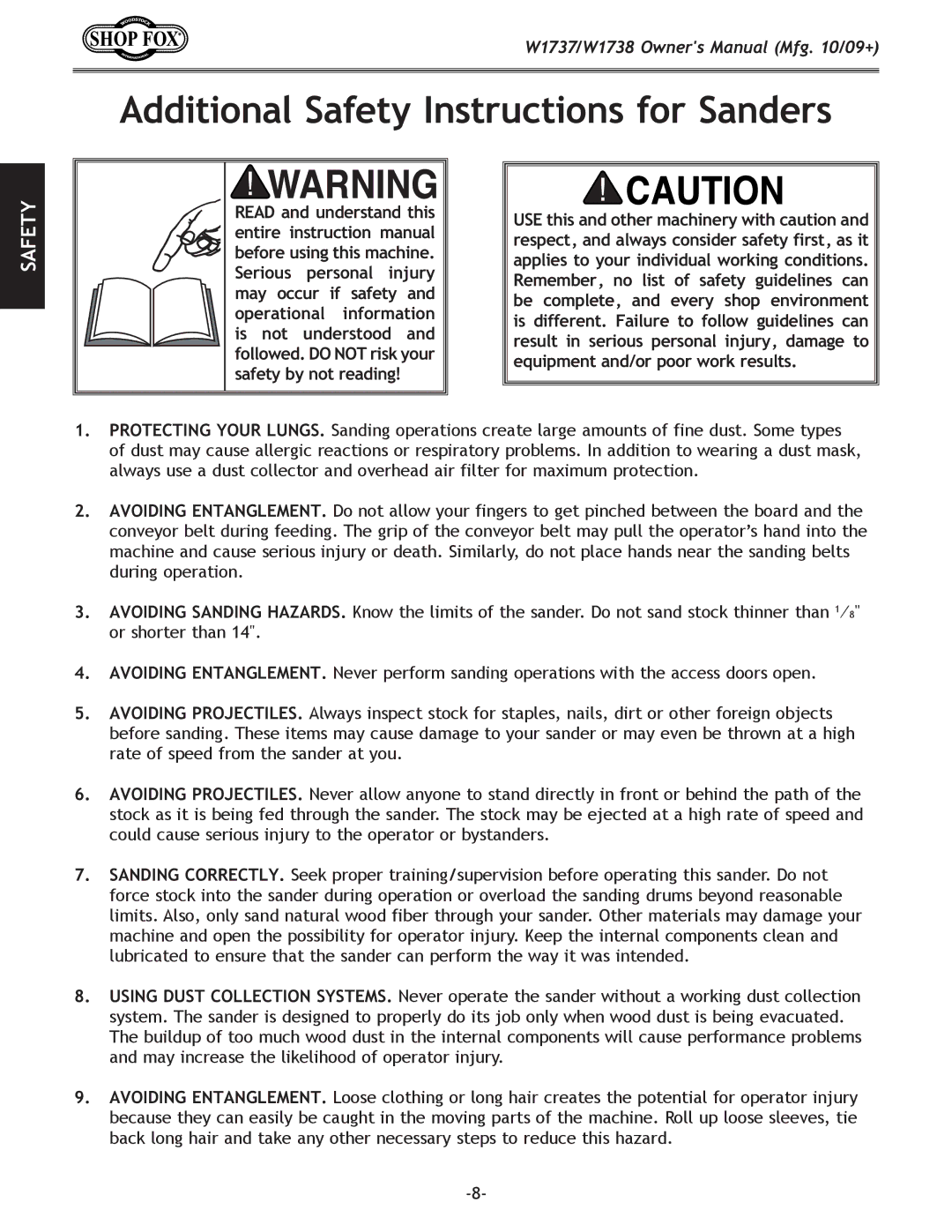 Woodstock W1738, W1737 owner manual Additional Safety Instructions for Sanders 