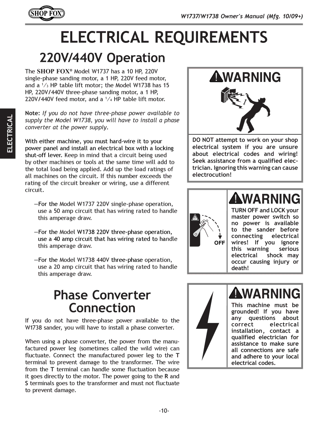 Woodstock W1738, W1737 owner manual 220V/440V Operation, Phase Converter Connection 