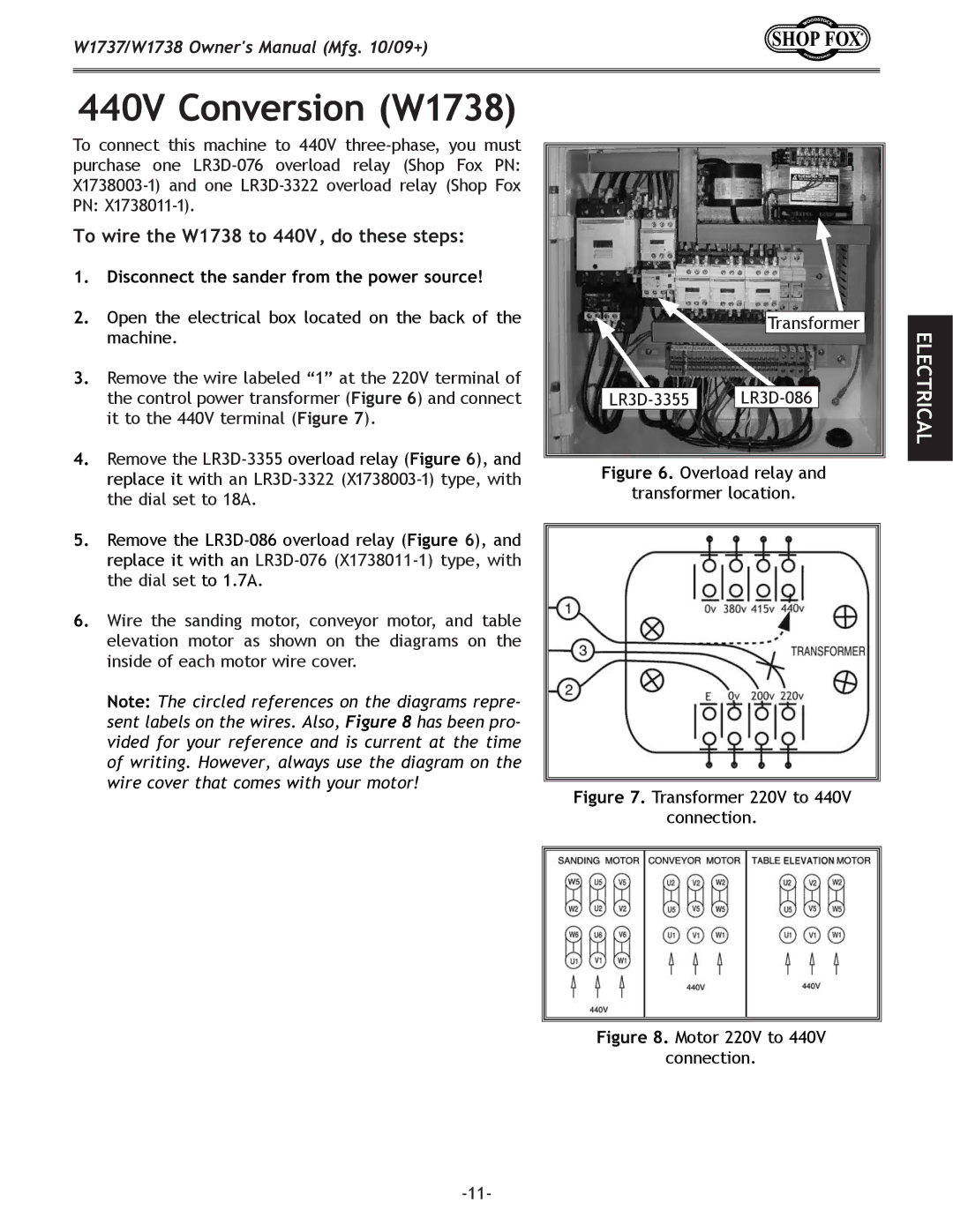 Woodstock W1737 owner manual 440V Conversion W1738, Disconnect the sander from the power source 