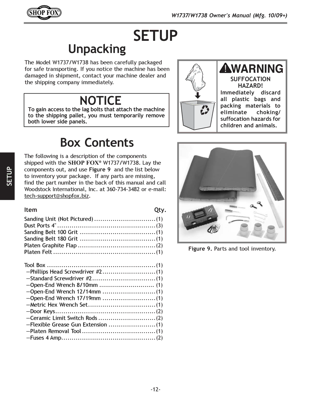 Woodstock W1738, W1737 owner manual Unpacking, Box Contents 