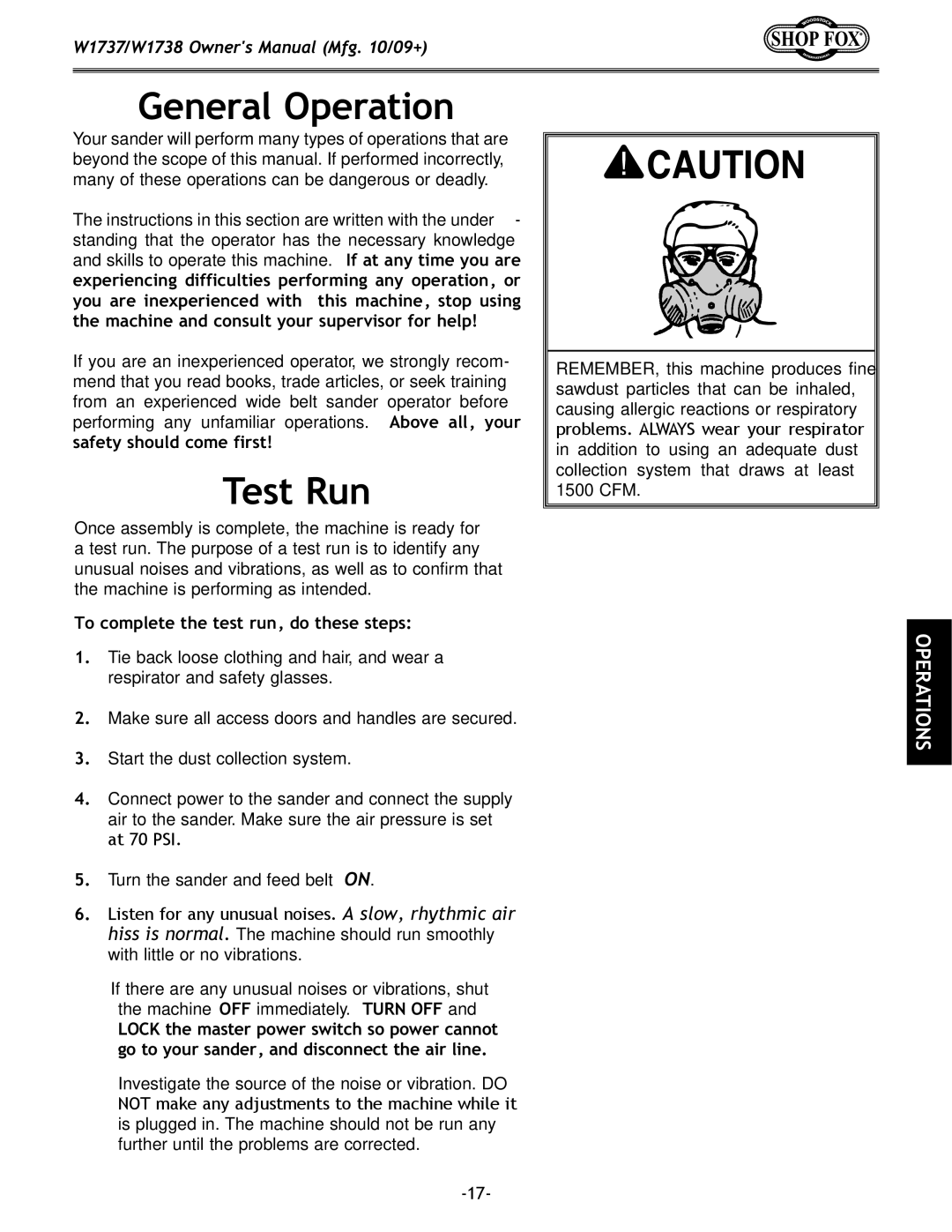 Woodstock W1737, W1738 owner manual General Operation, Test Run, To complete the test run, do these steps 