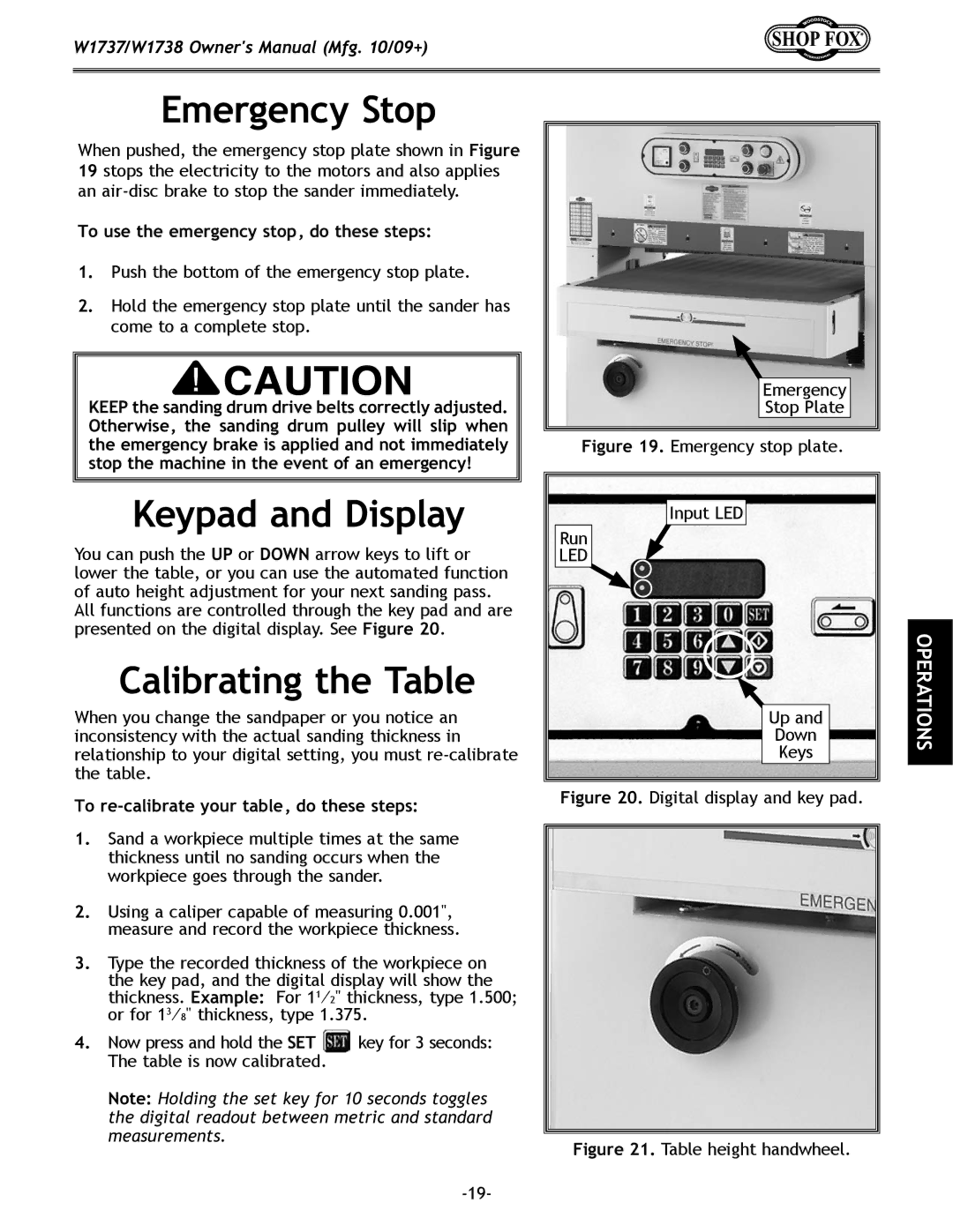 Woodstock W1737 Emergency Stop, Keypad and Display, Calibrating the Table, To use the emergency stop, do these steps 