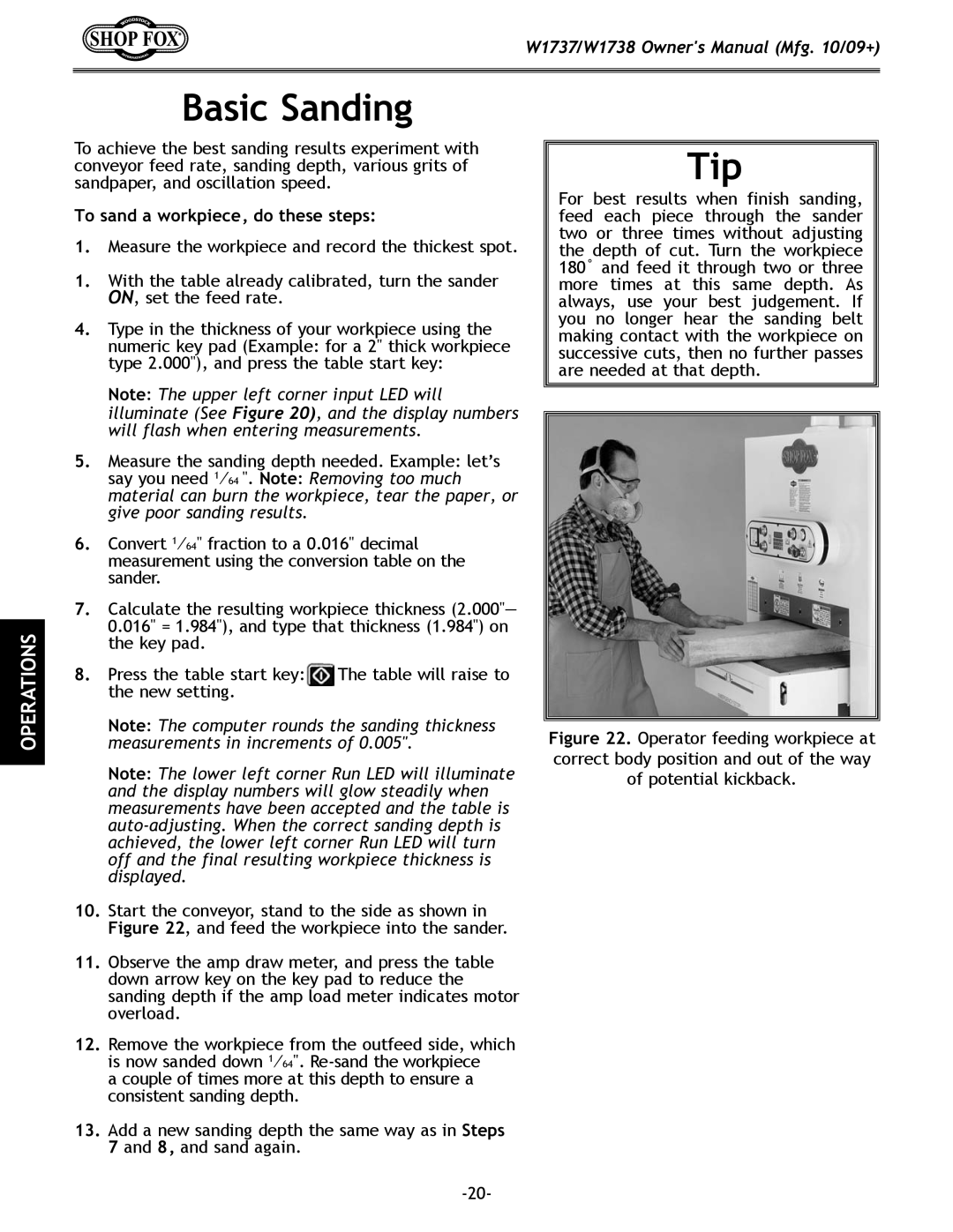 Woodstock W1738, W1737 owner manual Basic Sanding, Tip, To sand a workpiece, do these steps 