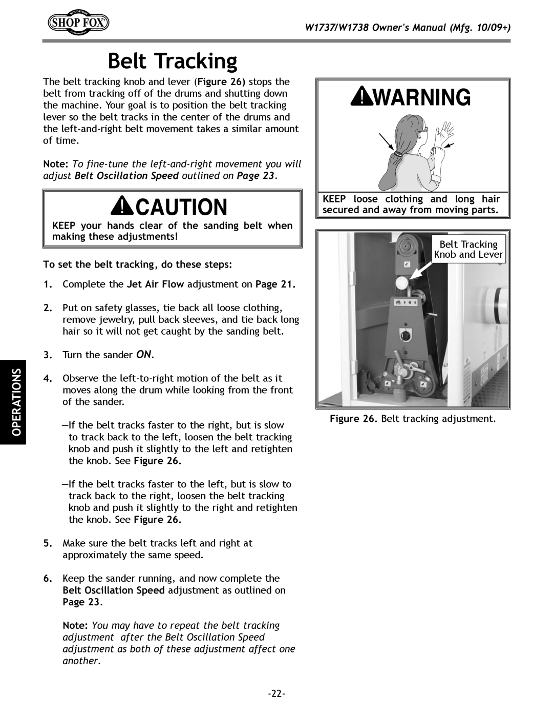 Woodstock W1738, W1737 owner manual Belt Tracking, Belt tracking adjustment 