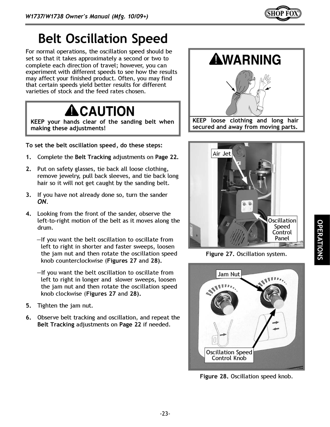 Woodstock W1737, W1738 owner manual Belt Oscillation Speed, Oscillation system 