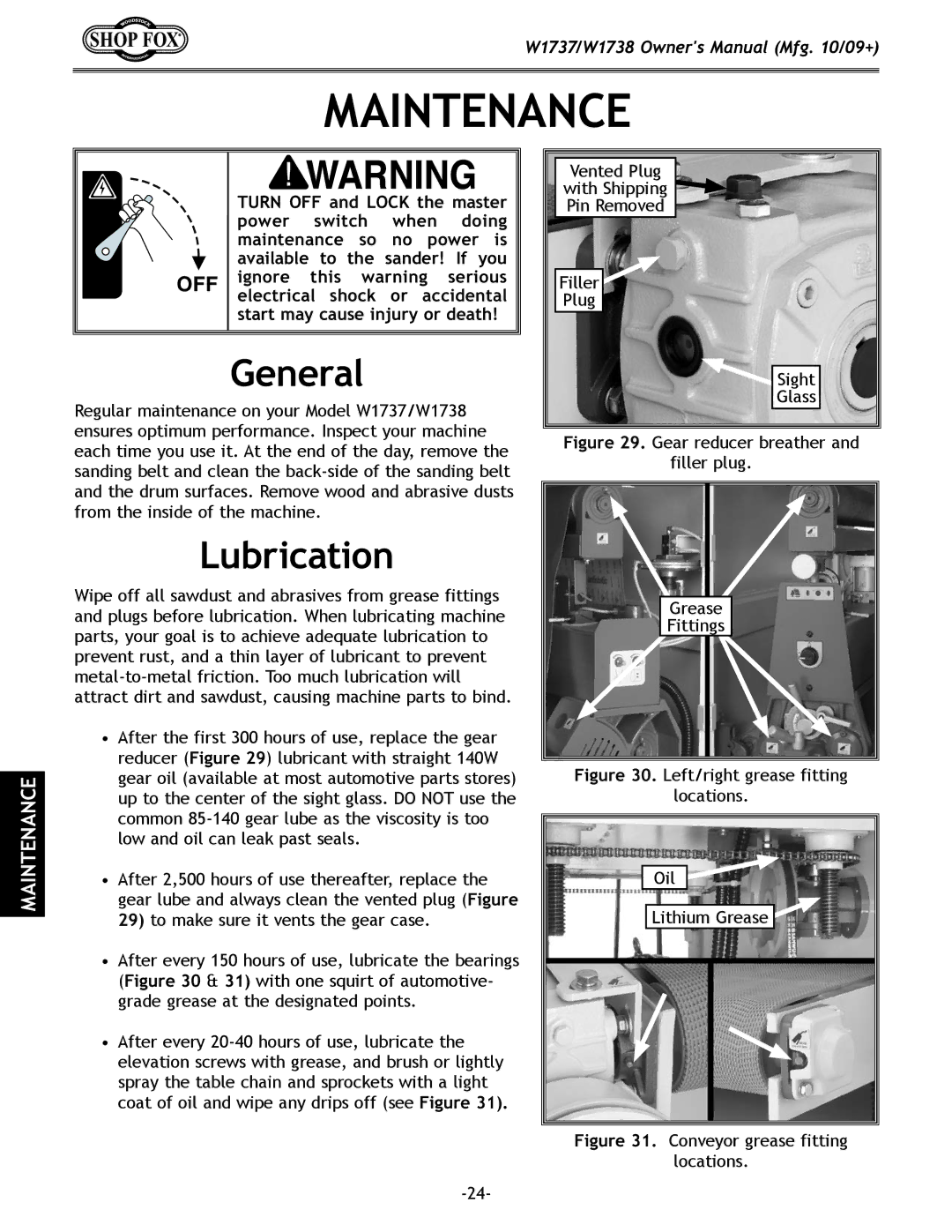 Woodstock W1738, W1737 owner manual General, Lubrication 