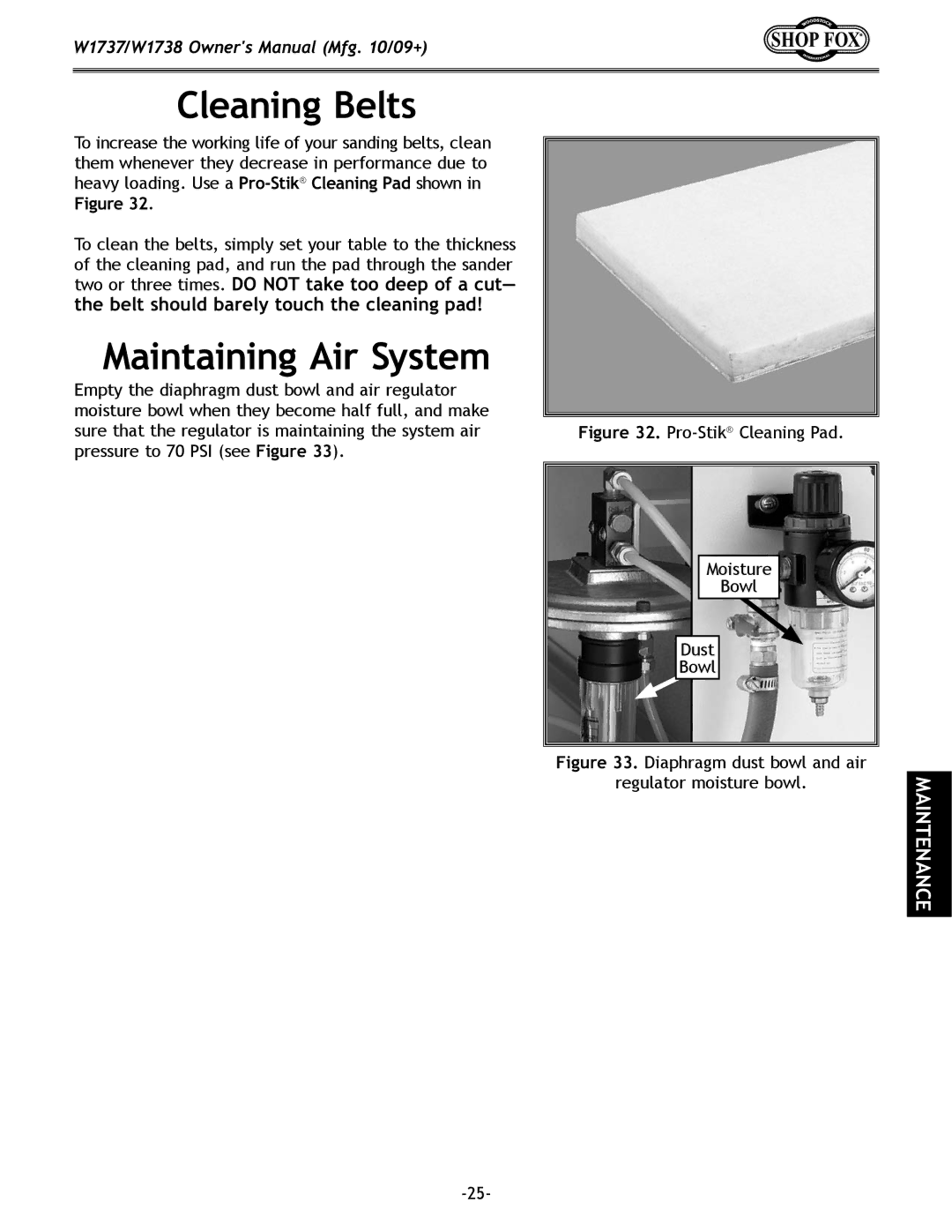 Woodstock W1737, W1738 owner manual Cleaning Belts, Maintaining Air System 