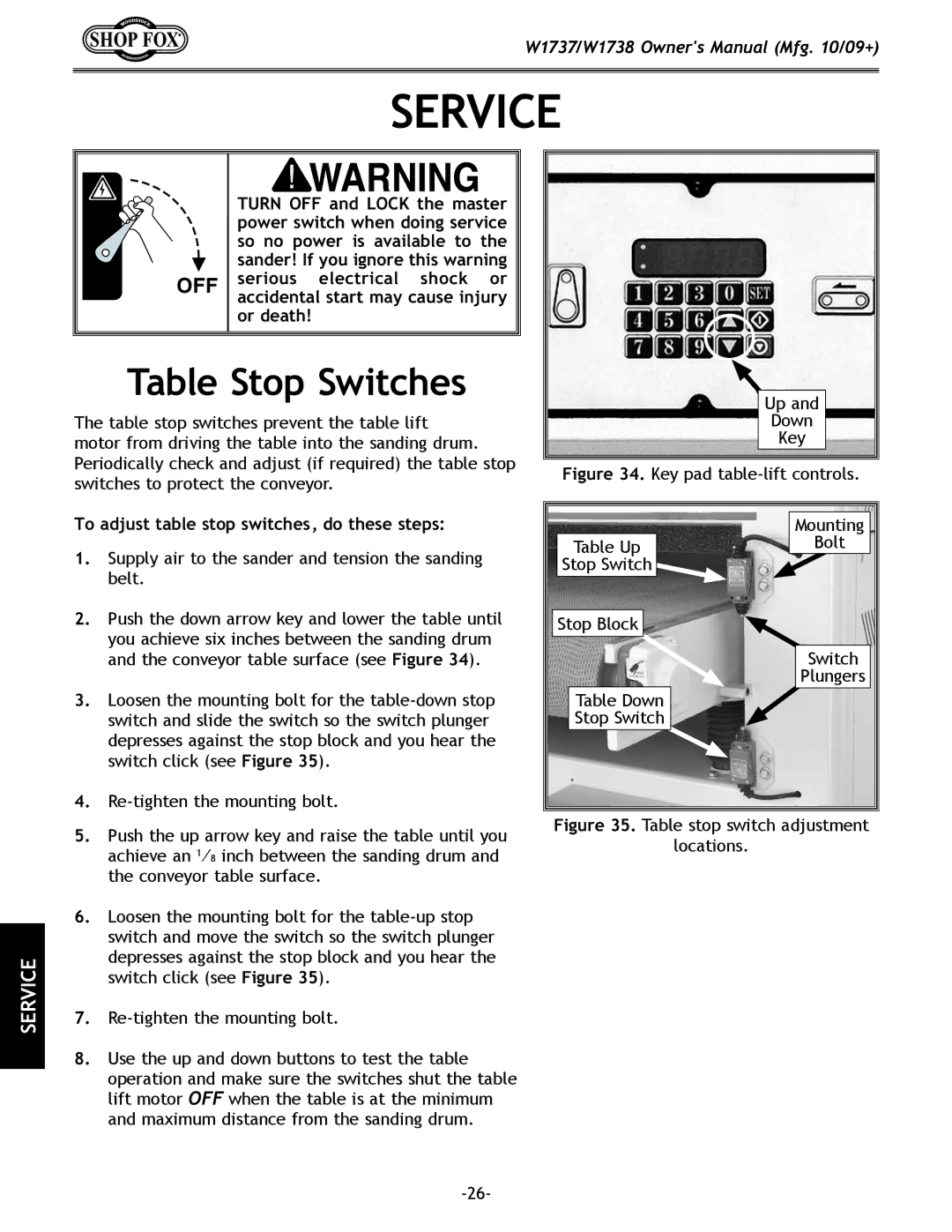 Woodstock W1738, W1737 owner manual Table Stop Switches, To adjust table stop switches, do these steps 