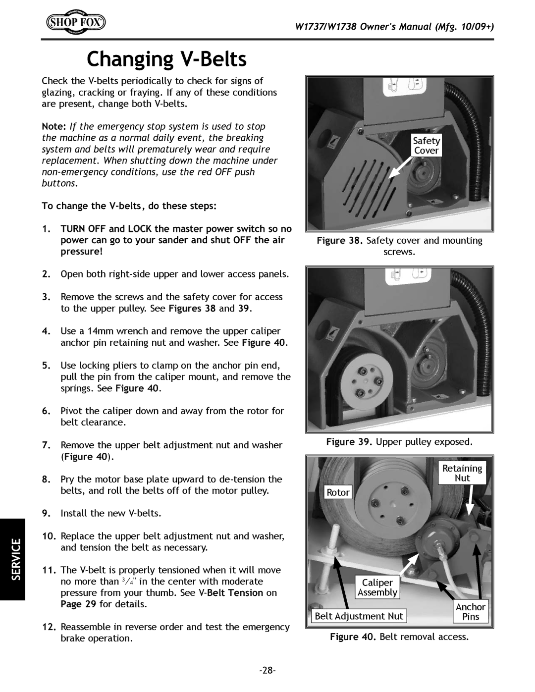 Woodstock W1738, W1737 owner manual Changing V-Belts, Remove the upper belt adjustment nut and washer 