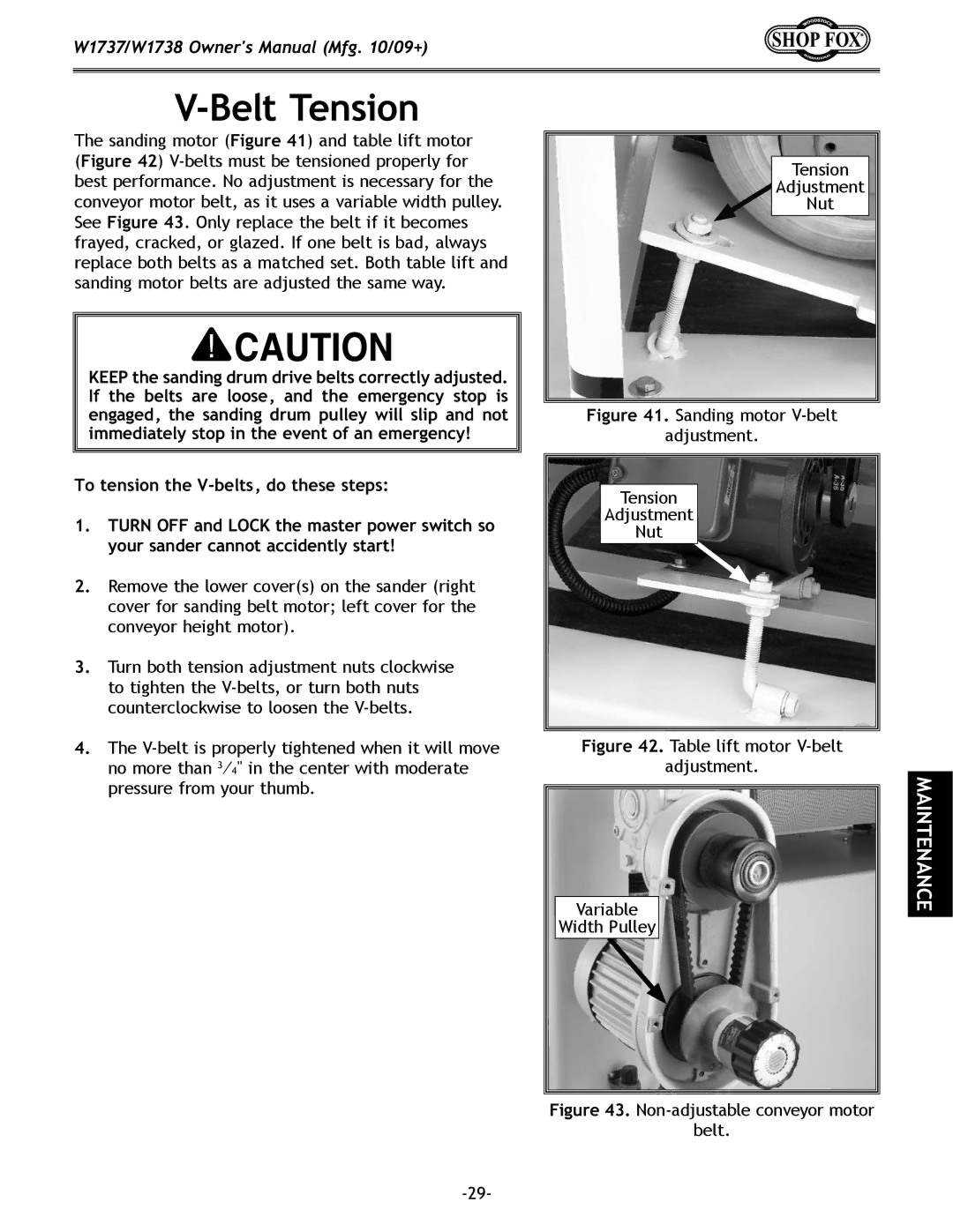 Woodstock W1737, W1738 owner manual Belt Tension, Sanding motor V-belt Adjustment Tension Nut 