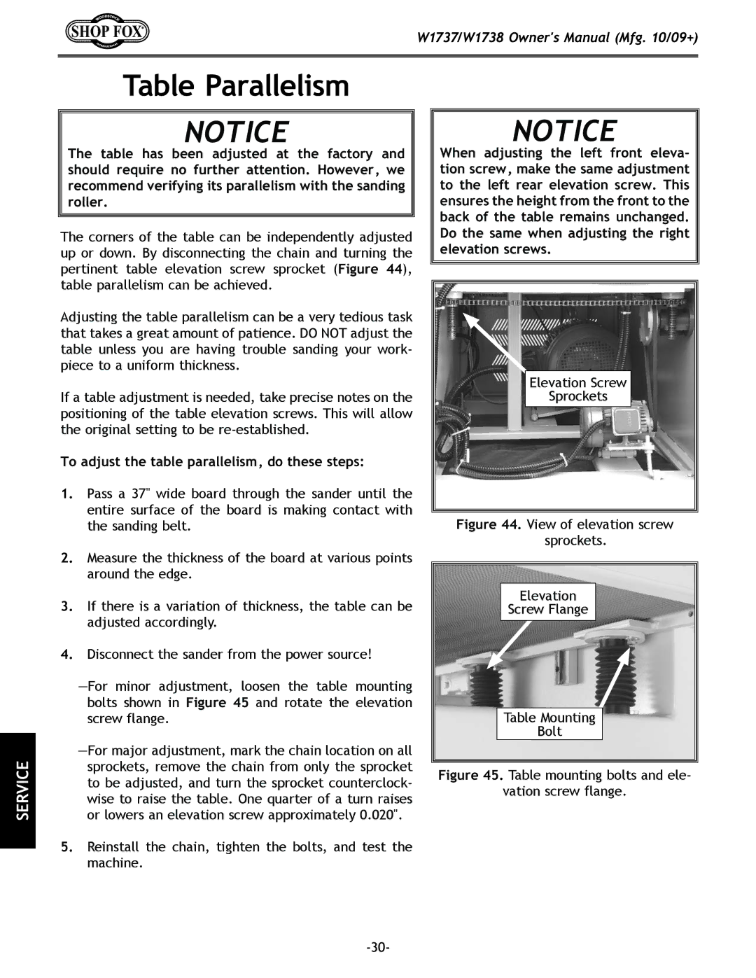 Woodstock W1738, W1737 owner manual Table Parallelism, To adjust the table parallelism, do these steps 