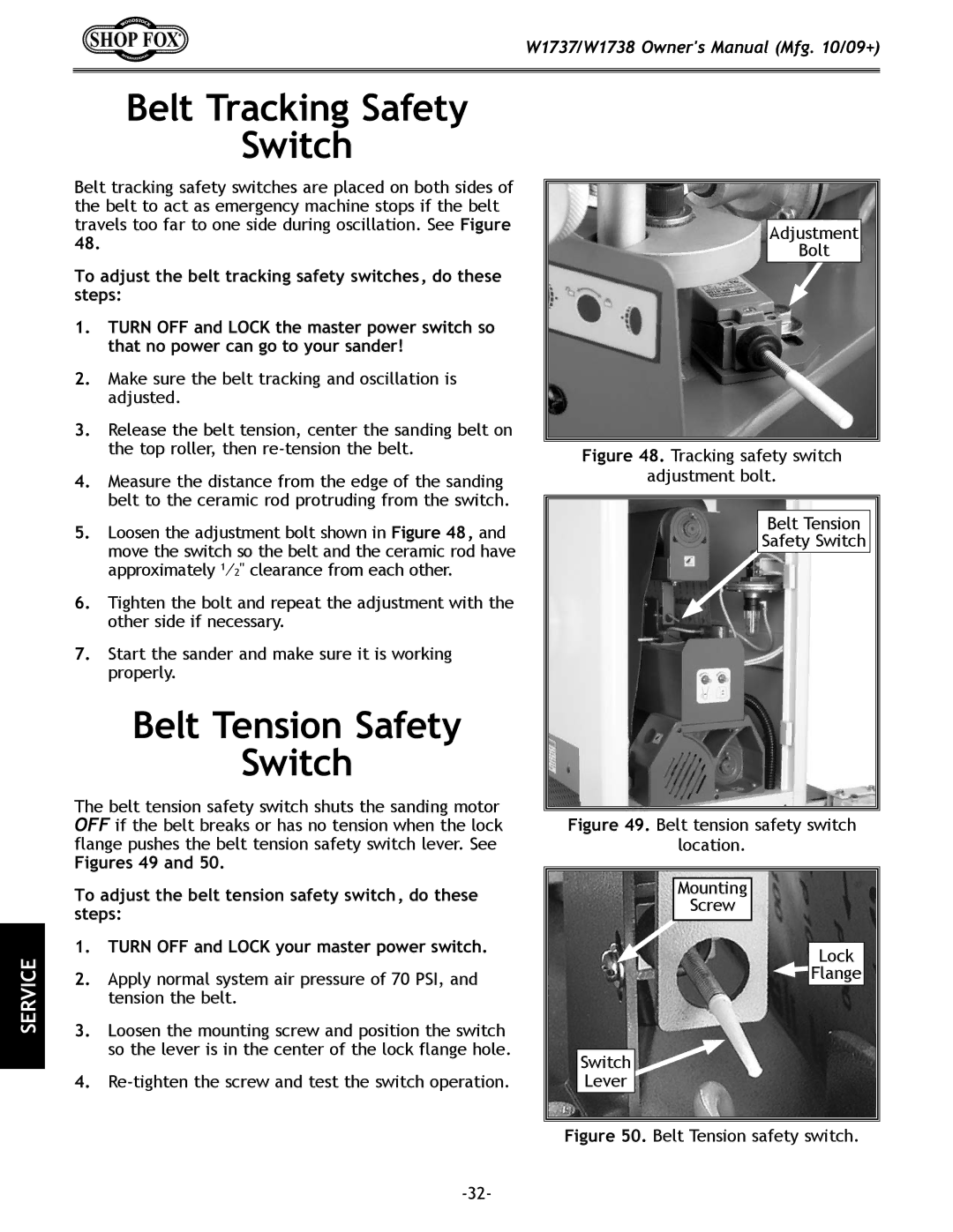 Woodstock W1738, W1737 owner manual Belt Tracking Safety Switch, Belt Tension Safety Switch 