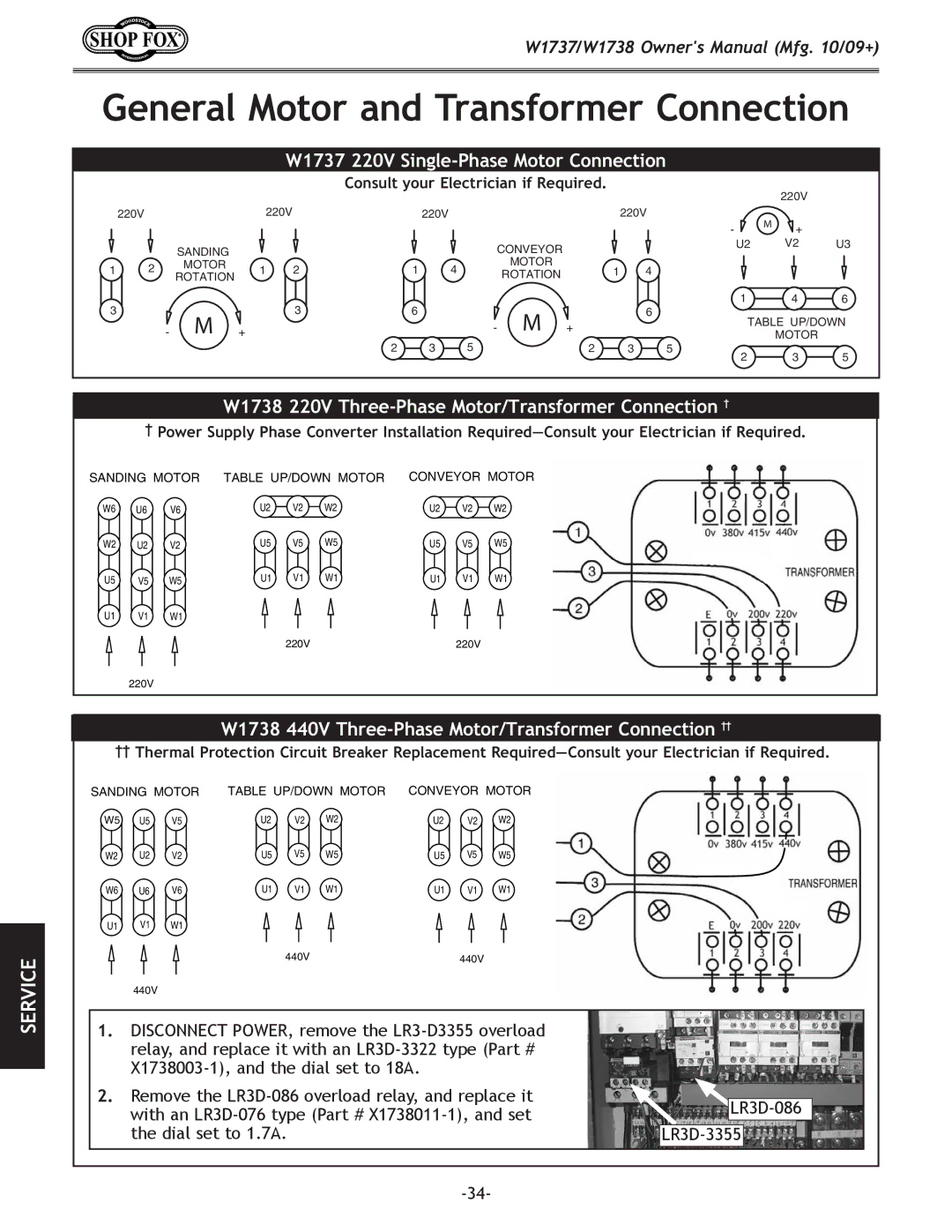 Woodstock W1738 owner manual General Motor and Transformer Connection, W1737 220V Single-Phase Motor Connection 