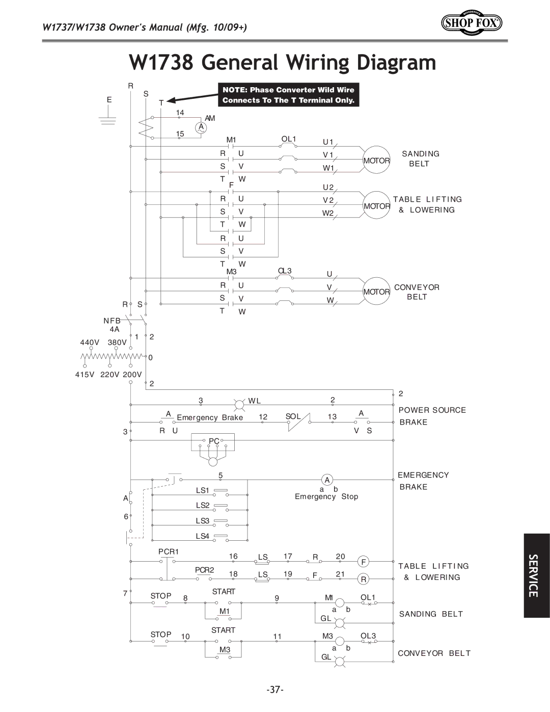 Woodstock W1737 owner manual W1738 General Wiring Diagram, Connects To The T Terminal Only 