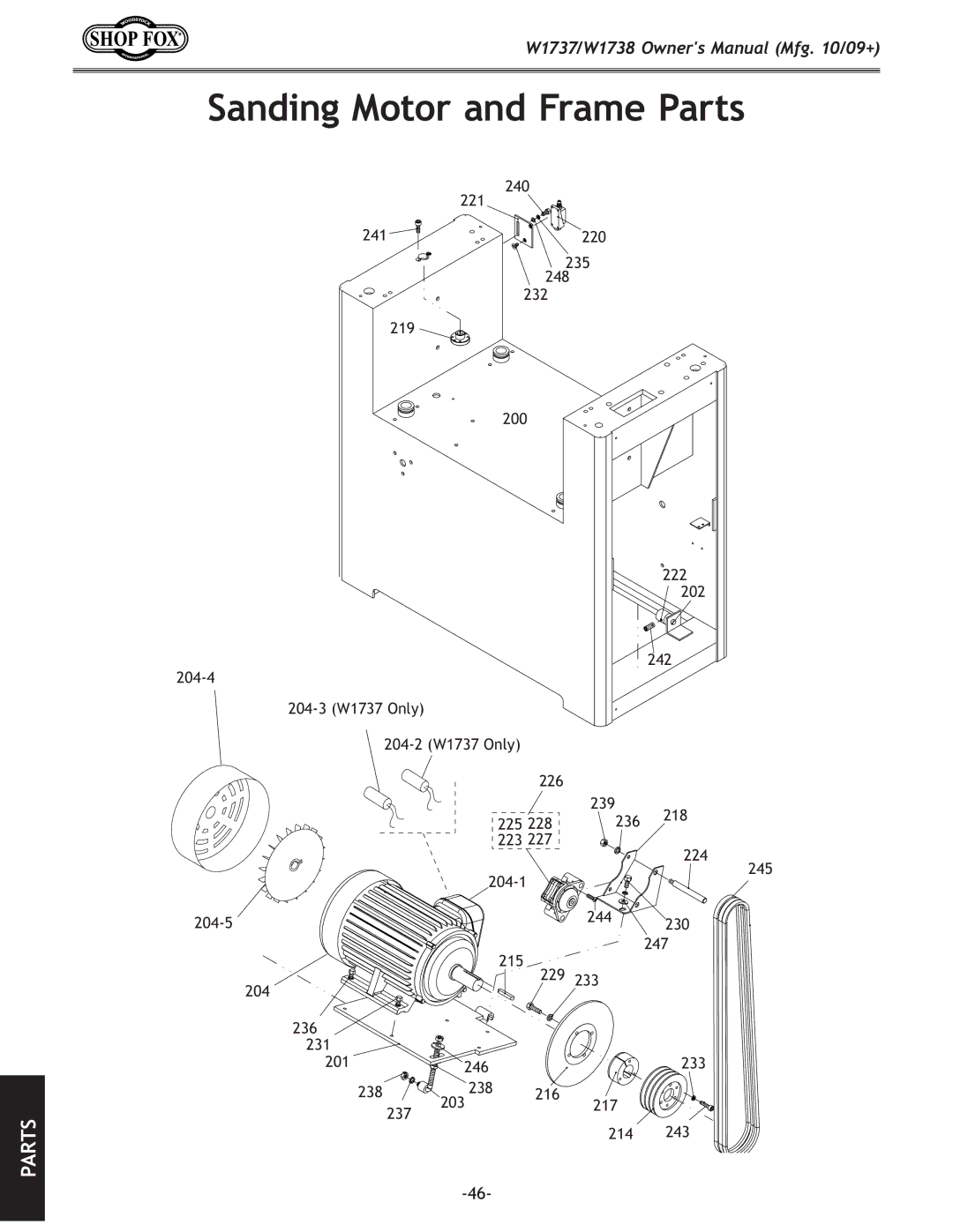 Woodstock W1738, W1737 owner manual Sanding Motor and Frame Parts 