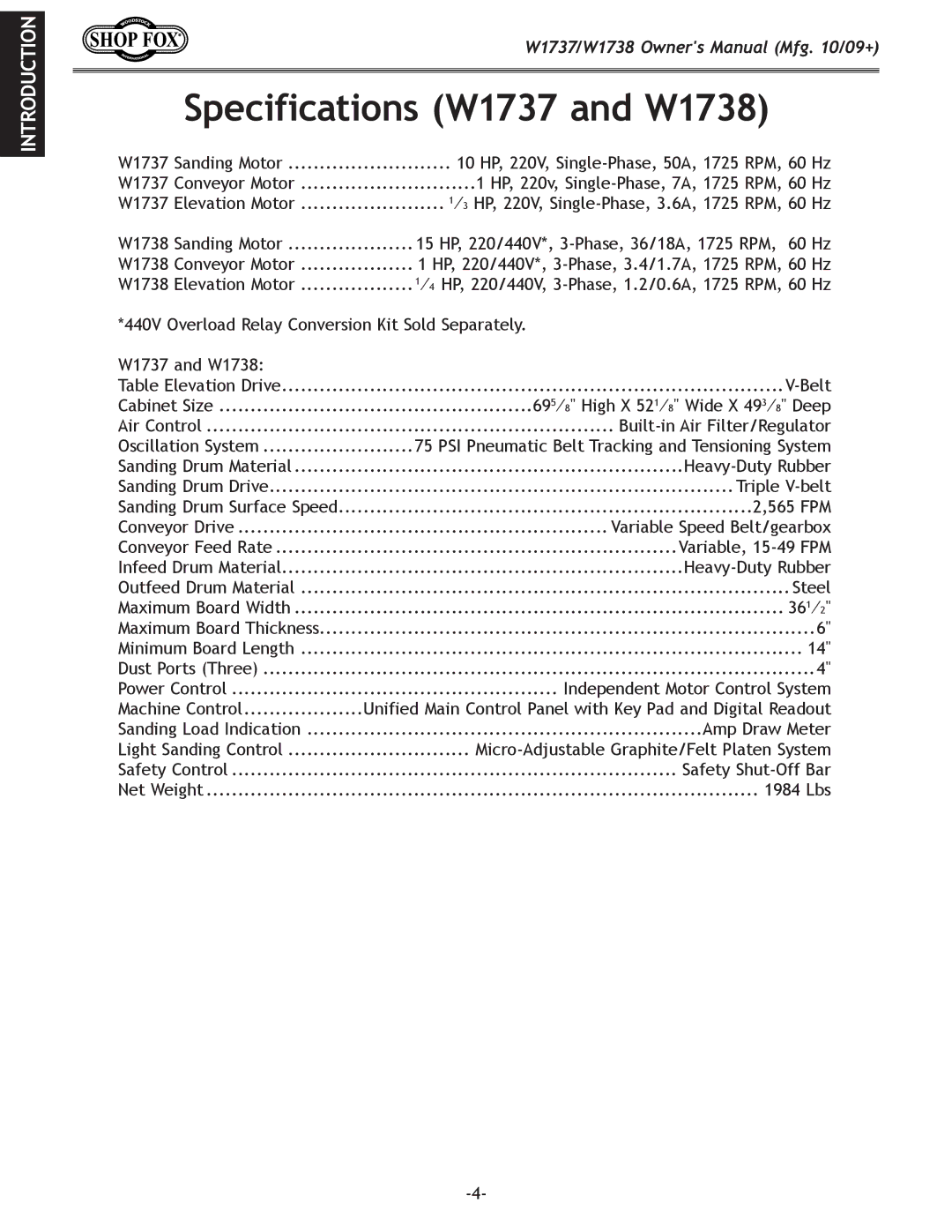 Woodstock owner manual Specifications W1737 and W1738, Independent Motor Control System 