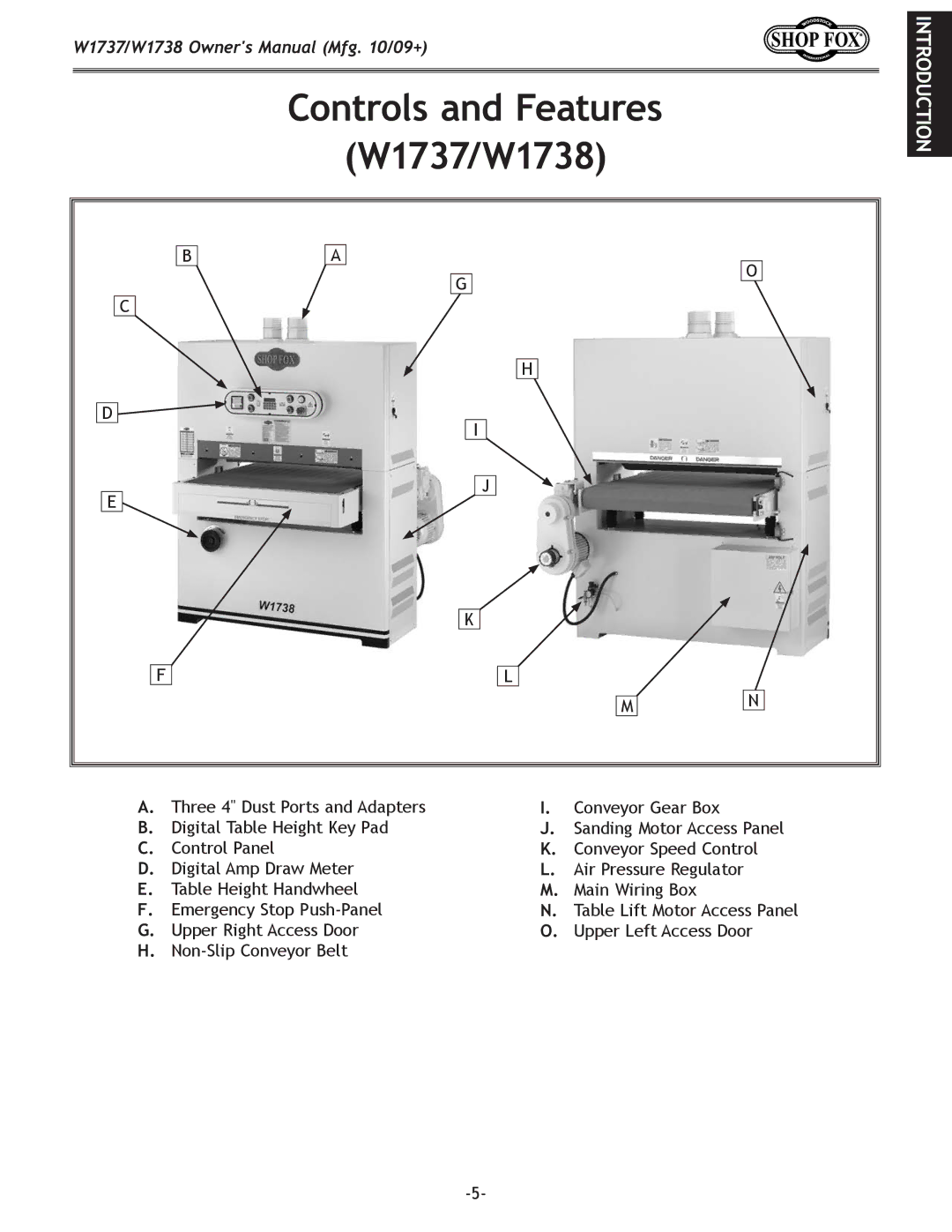 Woodstock owner manual Controls and Features W1737/W1738 