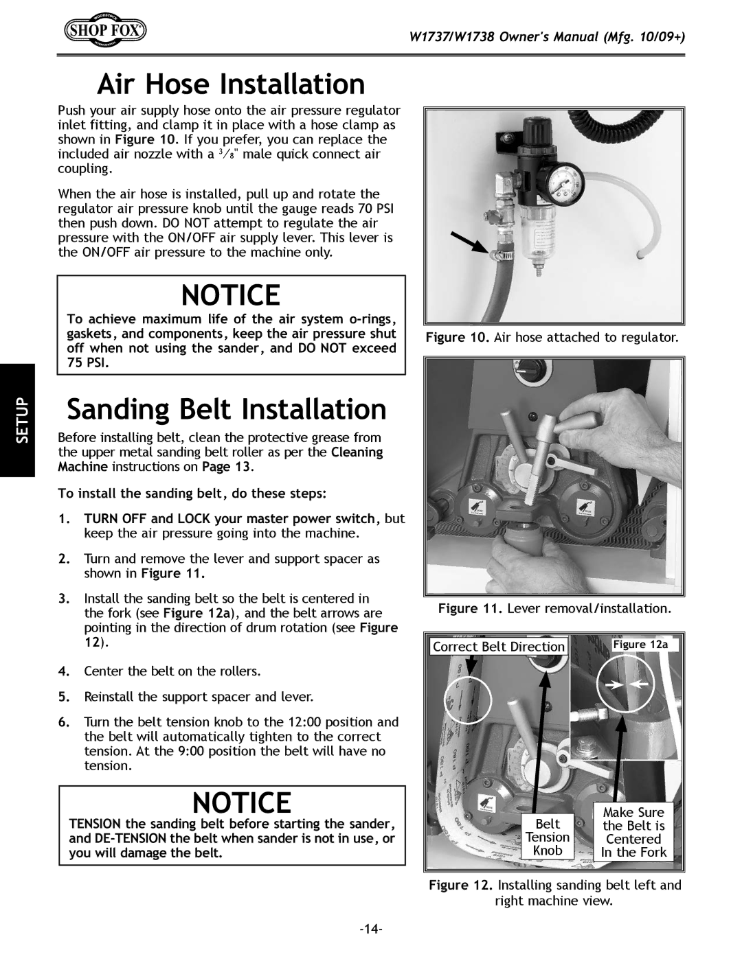 Woodstock W1738 owner manual Air Hose Installation, Sanding Belt Installation 