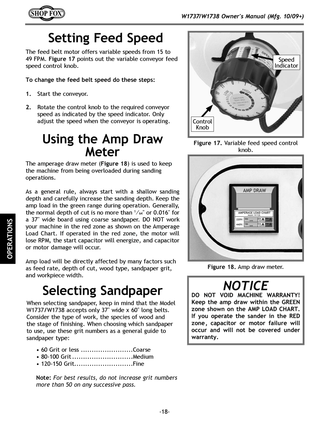 Woodstock W1738 owner manual Setting Feed Speed, Using the Amp Draw Meter, Selecting Sandpaper 