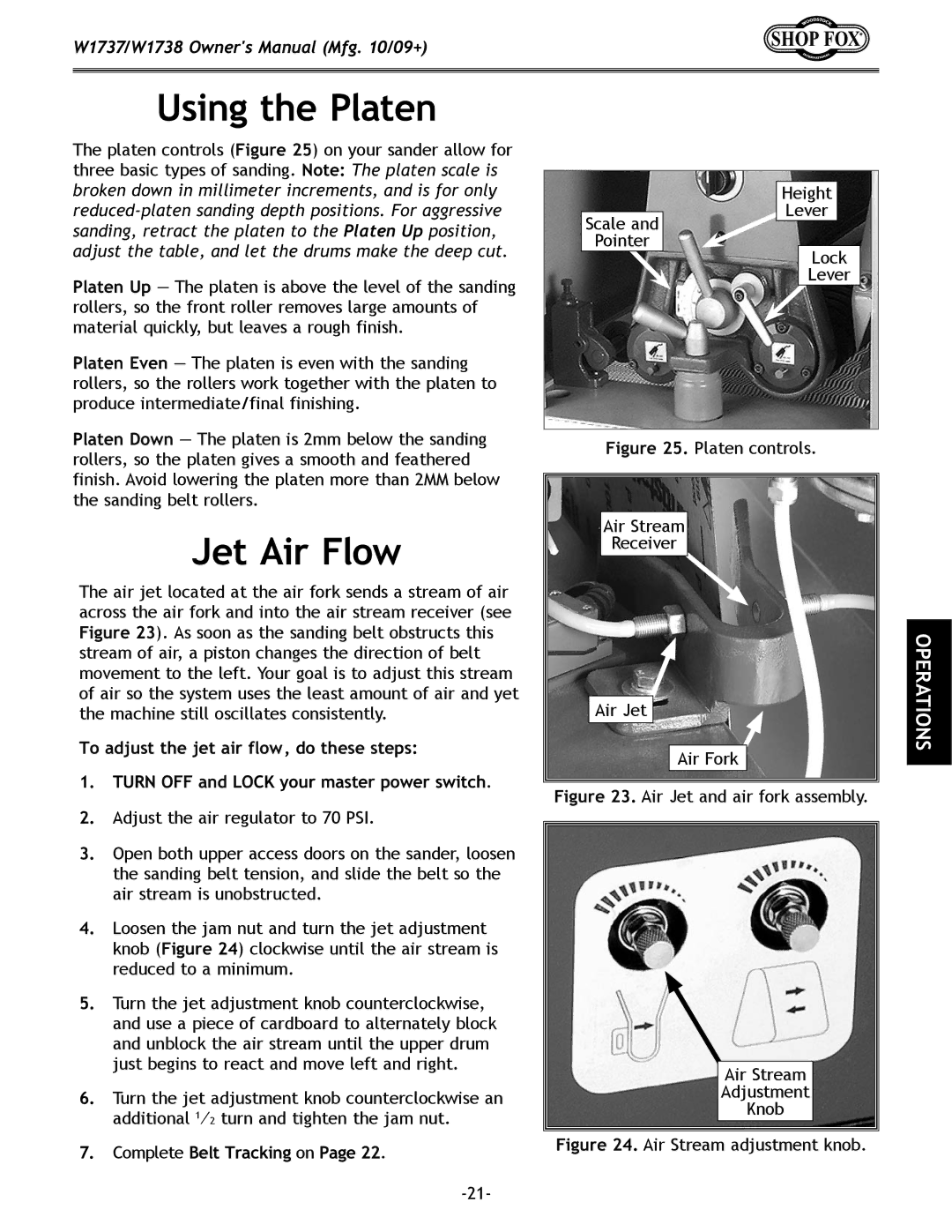 Woodstock W1738 owner manual Using the Platen, Jet Air Flow, Complete Belt Tracking on 