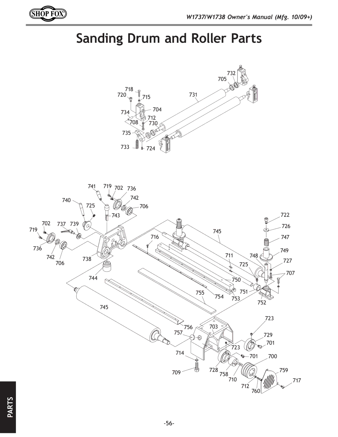 Woodstock W1738 owner manual Sanding Drum and Roller Parts 