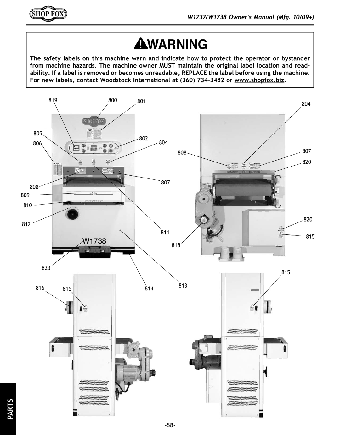 Woodstock W1738 owner manual Safety Label Placement 