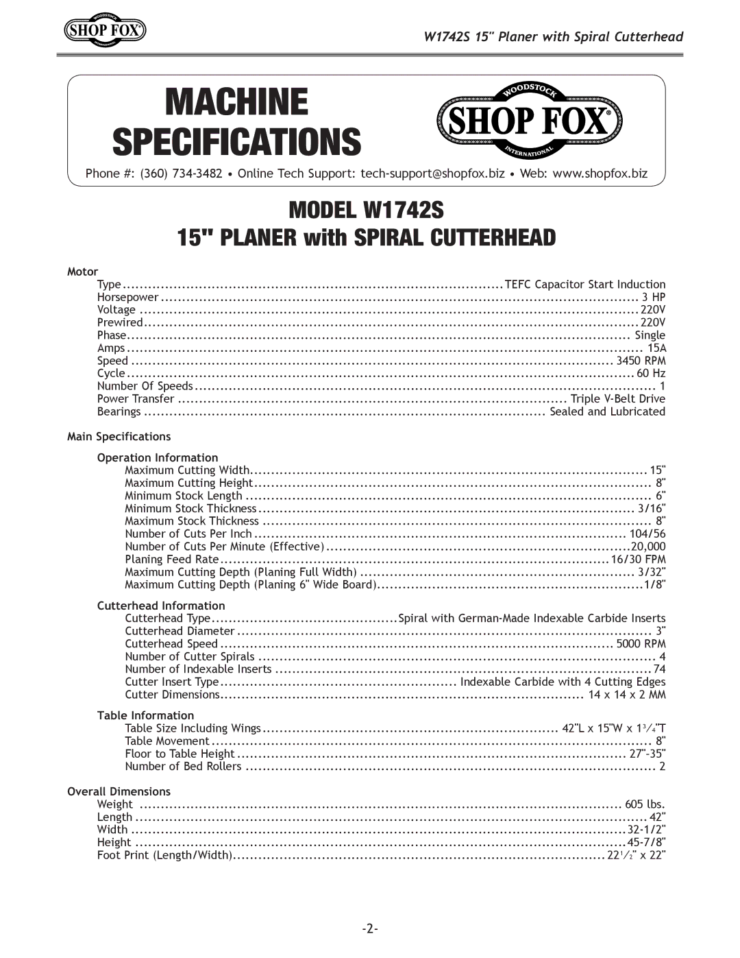 Woodstock W1742S owner manual Machine Specifications 