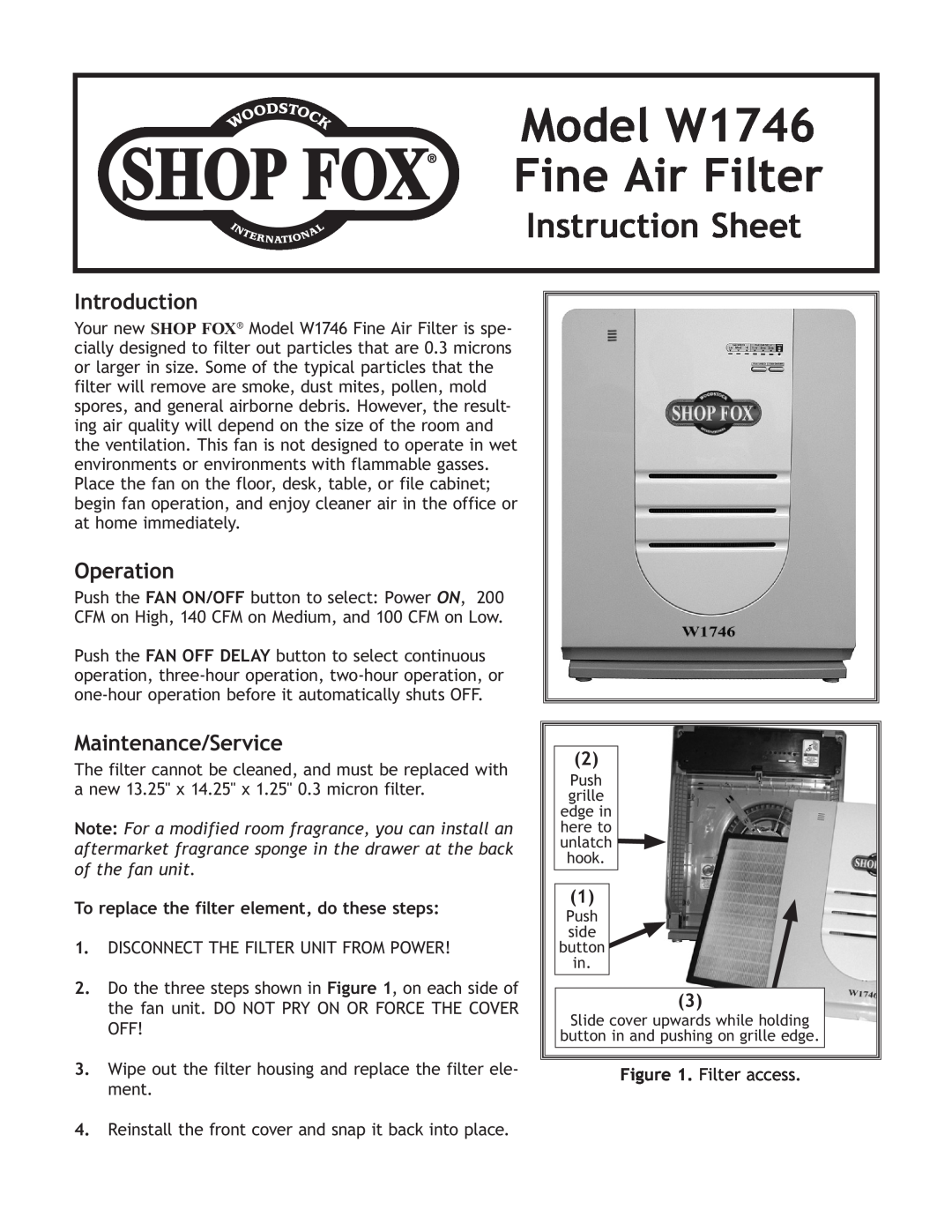 Woodstock instruction sheet Model W1746 Fine Air Filter, Instruction Sheet, Introduction, Operation 