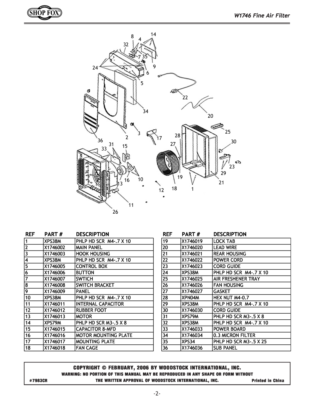 Woodstock instruction sheet W1746 Fine Air Filter, Part#, Description 